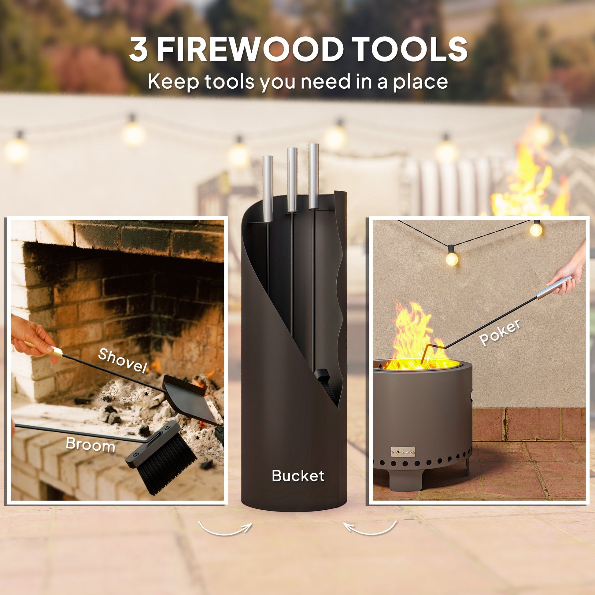 4 Pieces Fireplace Companion Set, Metal Fireplace Accessories Fireside Companion Set with Broom, Shovel, Poker and Bucket, Silver