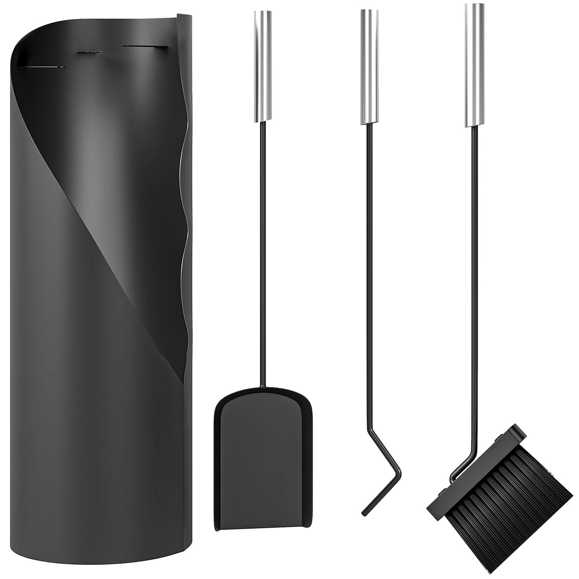 4 Pieces Fireplace Companion Set, Metal Fireplace Accessories Fireside Companion Set with Broom, Shovel, Poker and Bucket, Silver