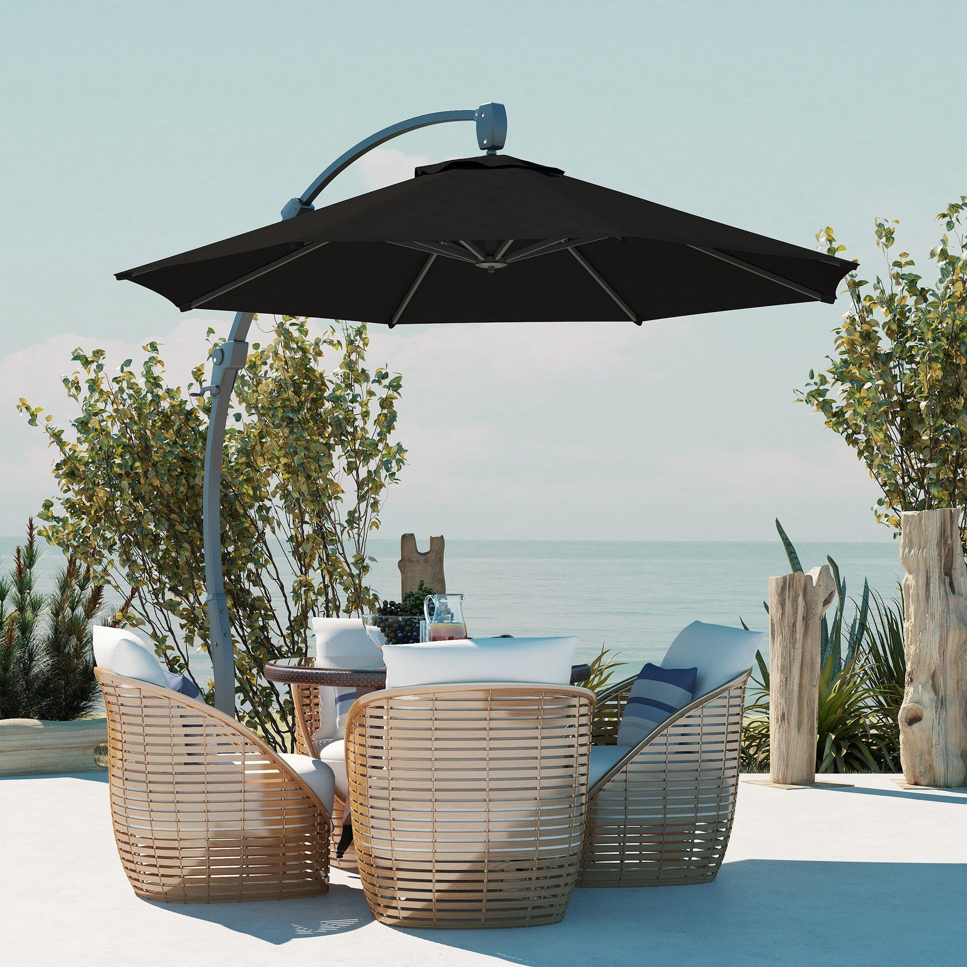 3(m) Garden Cantilever Parasol, Round Overhanging Umbrella with Crank Handle, Cross Base, Aluminium Frame and 360° Rotation, Banana Patio Umbrella for Outdoor Sun Shade, Black
