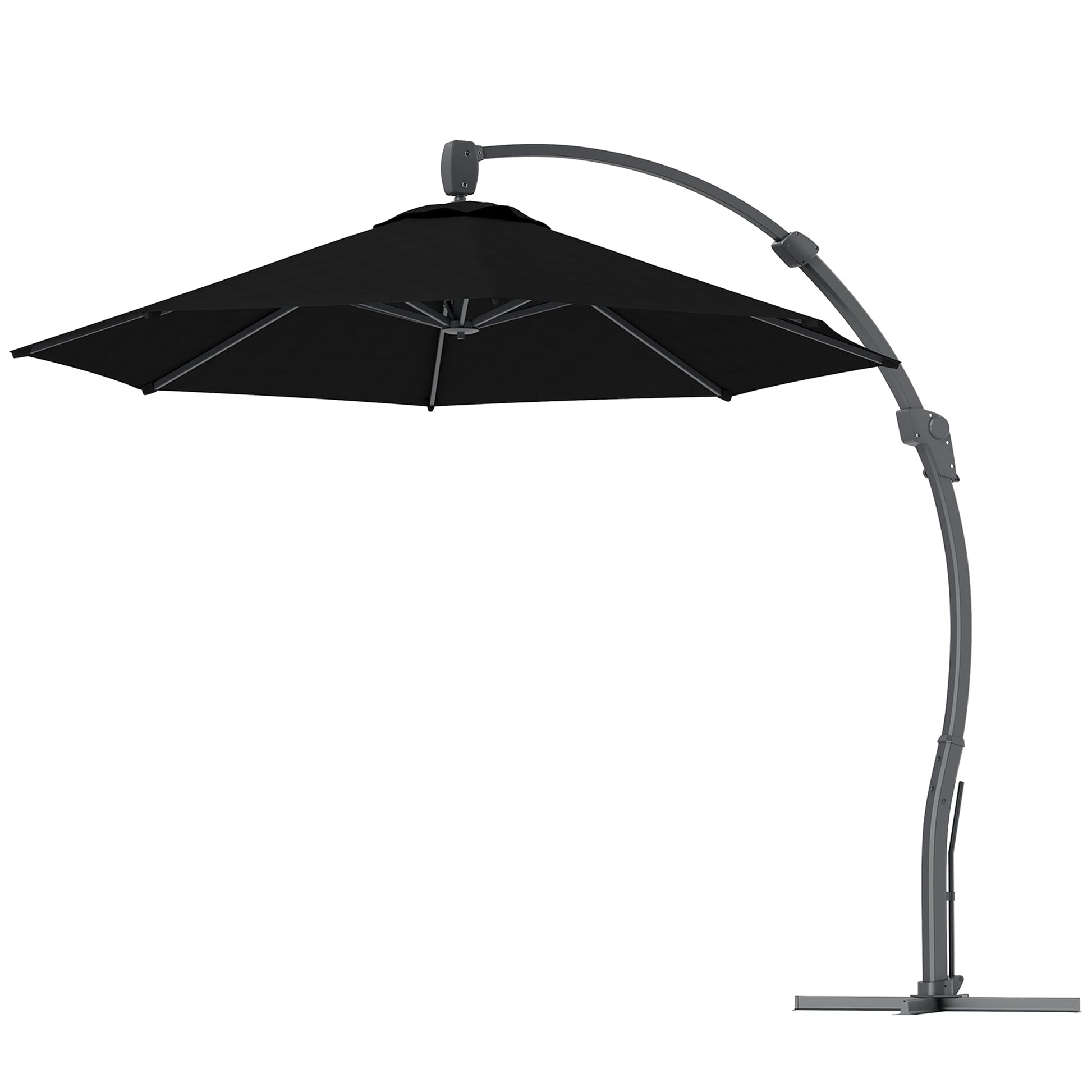3(m) Garden Cantilever Parasol, Round Overhanging Umbrella with Crank Handle, Cross Base, Aluminium Frame and 360° Rotation, Banana Patio Umbrella for Outdoor Sun Shade, Black