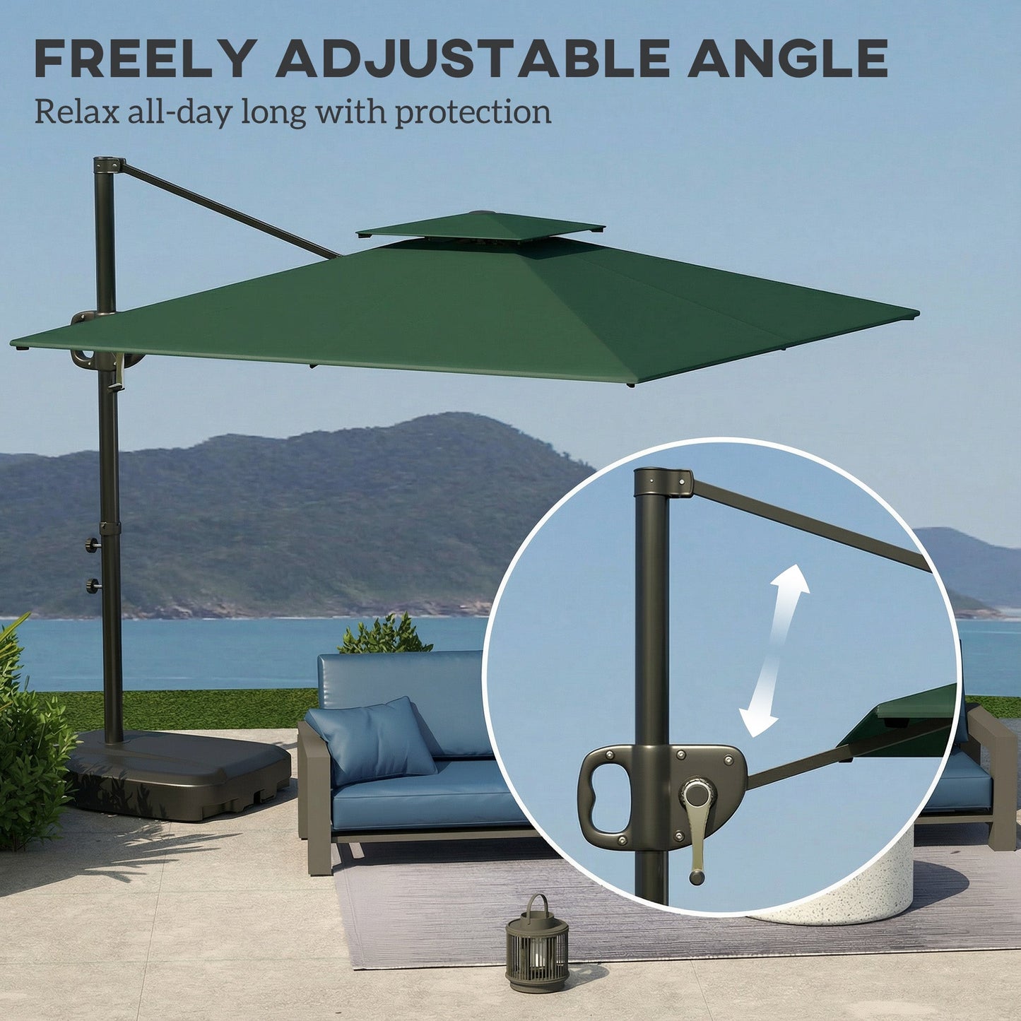 2.5m Garden Cantilever Parasol with Fillable Base, Up to 45kg, Double Top Garden Parasol, Square Overhanging Patio Umbrella with Crank Handle and Tilt for Outdoor Sun Shade, Dark Green