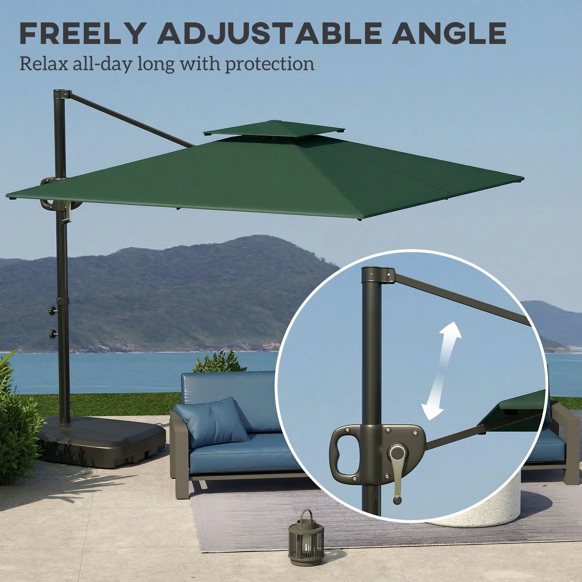 2.5m Garden Cantilever Parasol with Fillable Base, Up to 45kg, Double Top Garden Parasol, Square Overhanging Patio Umbrella with Crank Handle and Tilt for Outdoor Sun Shade, Dark Green