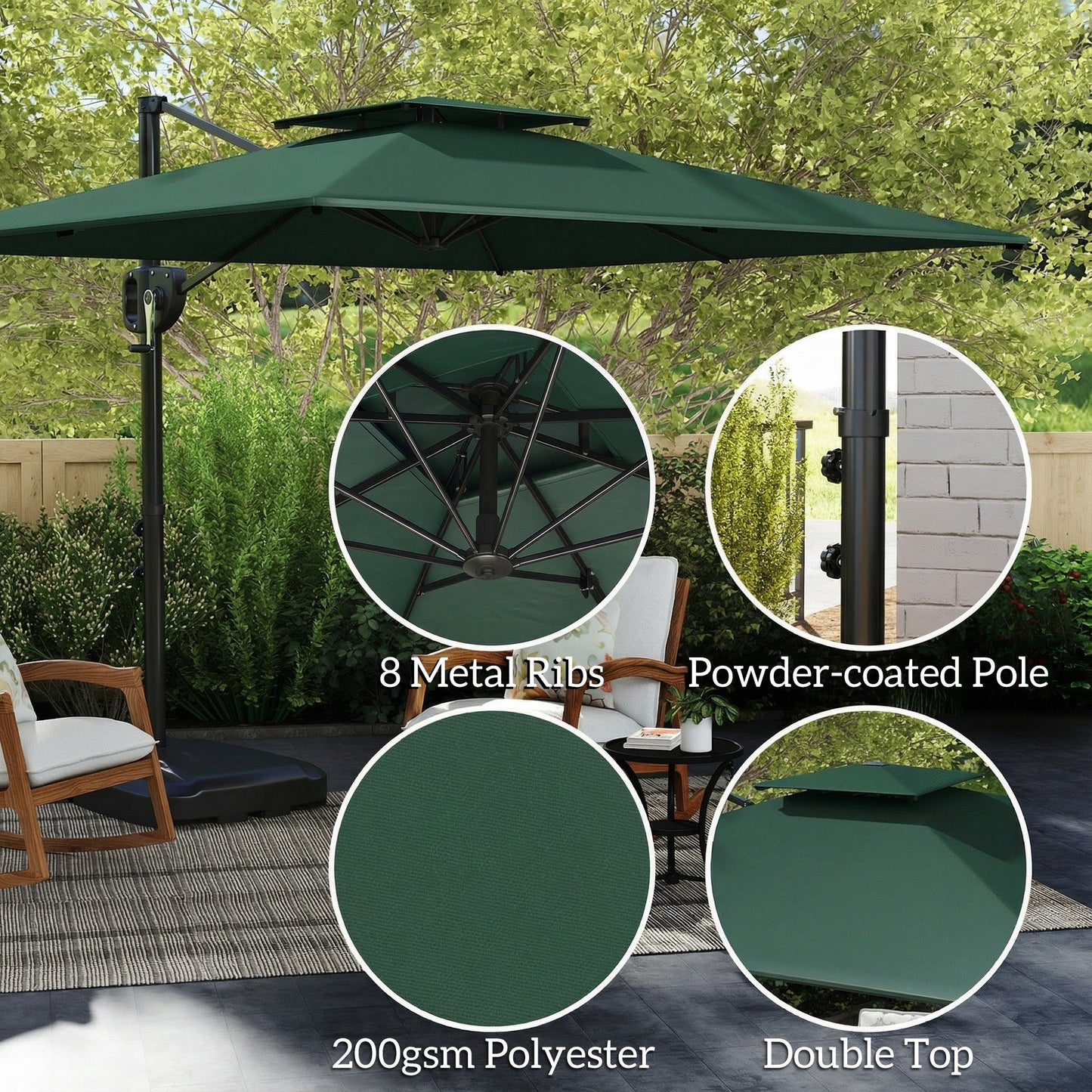2.5m Garden Cantilever Parasol with Fillable Base, Up to 45kg, Double Top Garden Parasol, Square Overhanging Patio Umbrella with Crank Handle and Tilt for Outdoor Sun Shade, Dark Green