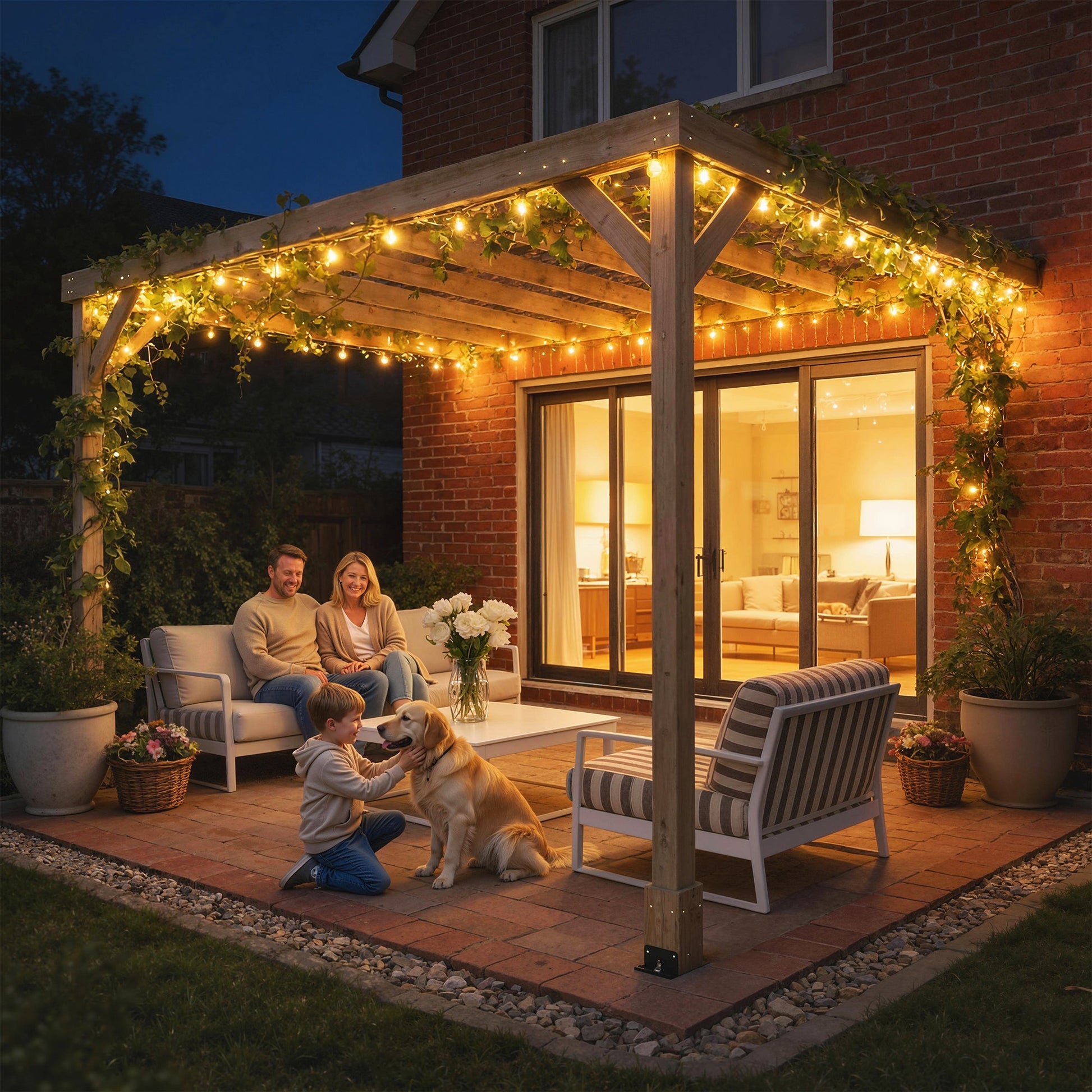 3 x 3 m Lean-To Wooden Pergola Kit, Decorative Garden Gazebo with Stable Structure and Concrete Anchors, Grape Trellis for Climbing Vines, Flowers, Garden Patio, Light Brown