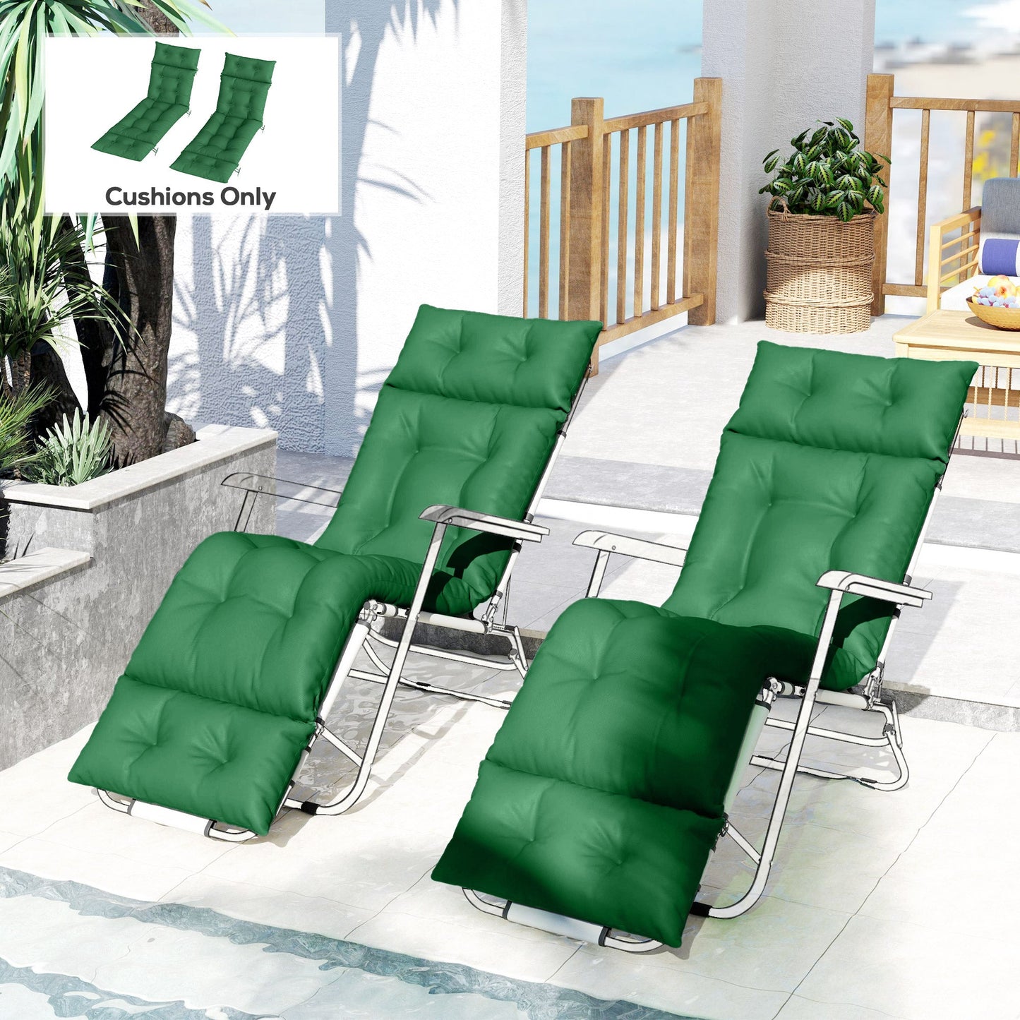 Sun Lounger Cushions Only, 190x56x10cm Garden Lounge Chair Cushions Set of 2, UPF20+ 220gsm Fabric, Thick Sunbed Replacement Pads with 6 Ties, Green