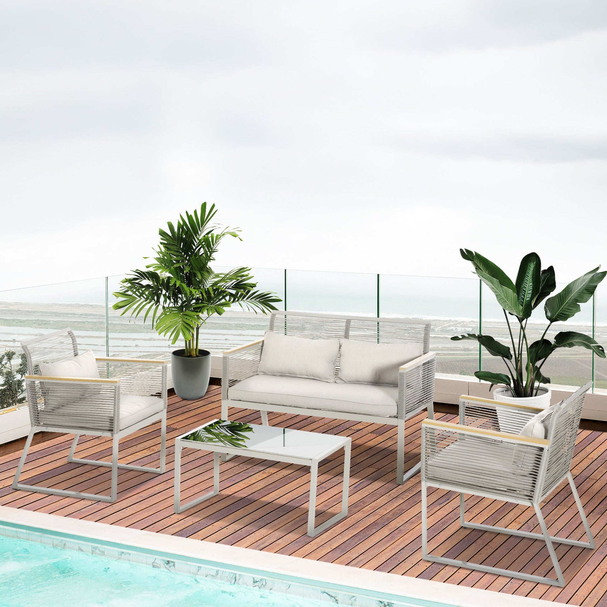 4 Pieces Rattan Garden Furniture Set, Metal Frame Outdoor Furniture Sofa Set with Cushions, Pillows & Tempered Glass Top Table, Wicker Garden Sofa for Conservatory, Patio, Grey