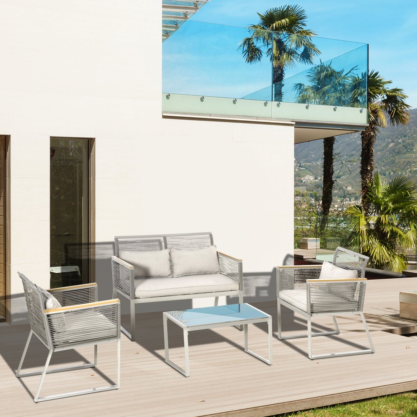 4 Pieces Rattan Garden Furniture Set, Metal Frame Outdoor Furniture Sofa Set with Cushions, Pillows & Tempered Glass Top Table, Wicker Garden Sofa for Conservatory, Patio, Grey