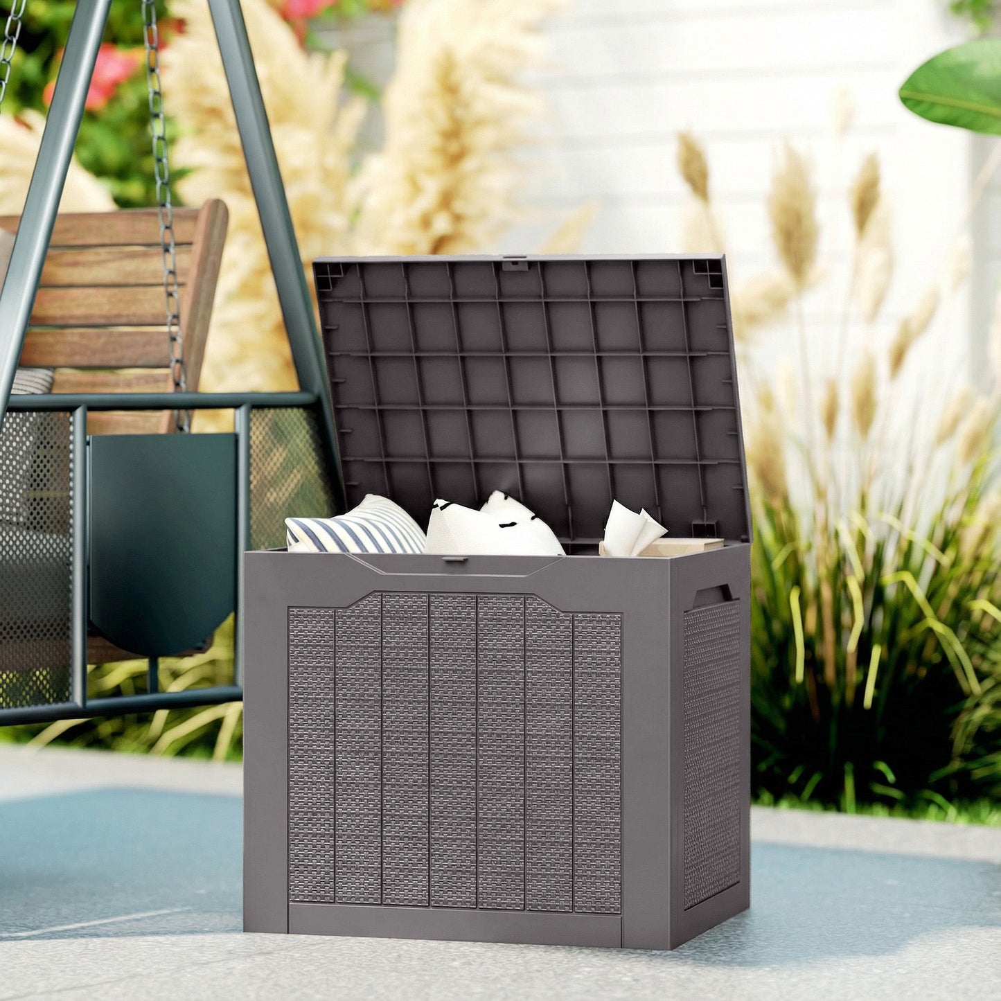 93L Plastic Garden Storage Box, Outdoor Storage Box with Handles, Waterproof Outdoor Storage Container for Garden Tools and Accessories, Brown