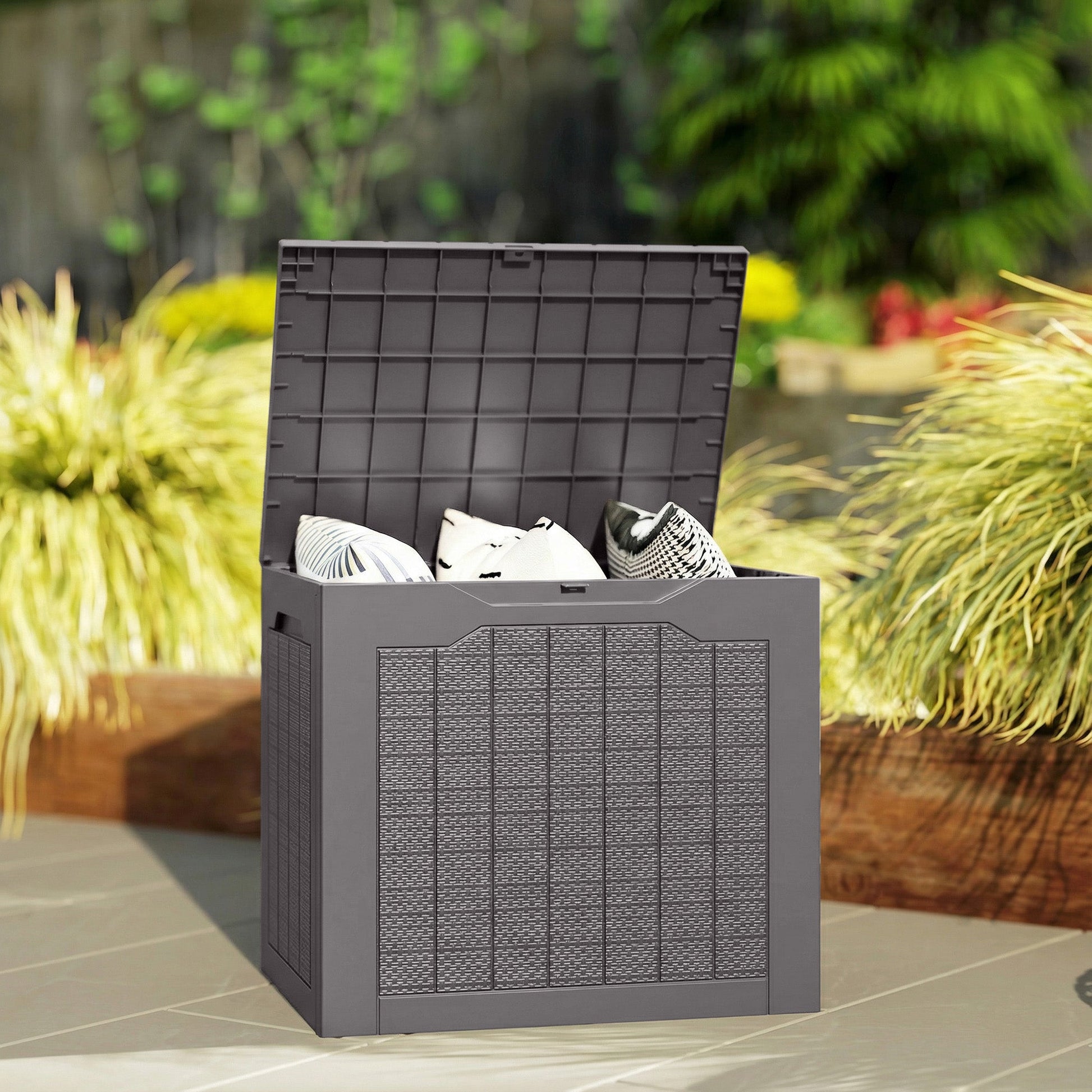 93L Plastic Garden Storage Box, Outdoor Storage Box with Handles, Waterproof Outdoor Storage Container for Garden Tools and Accessories, Brown