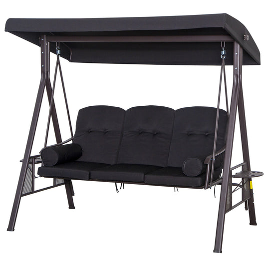 3 Seater Canopy Swing Chair, Outdoor Garden Swing Seat w/ Top Roof and Cushions, Black