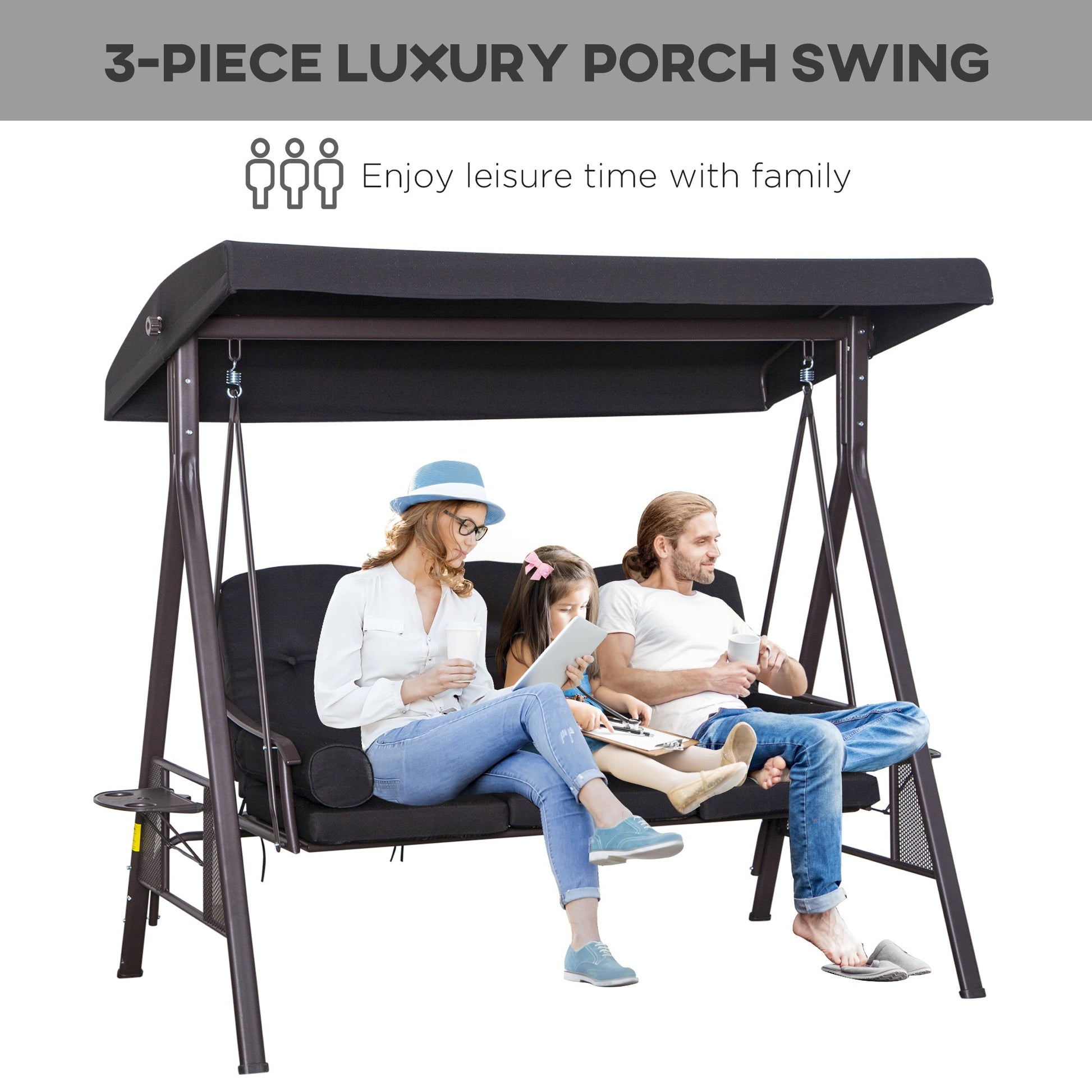 3 Seater Canopy Swing Chair, Outdoor Garden Swing Seat w/ Top Roof and Cushions, Black