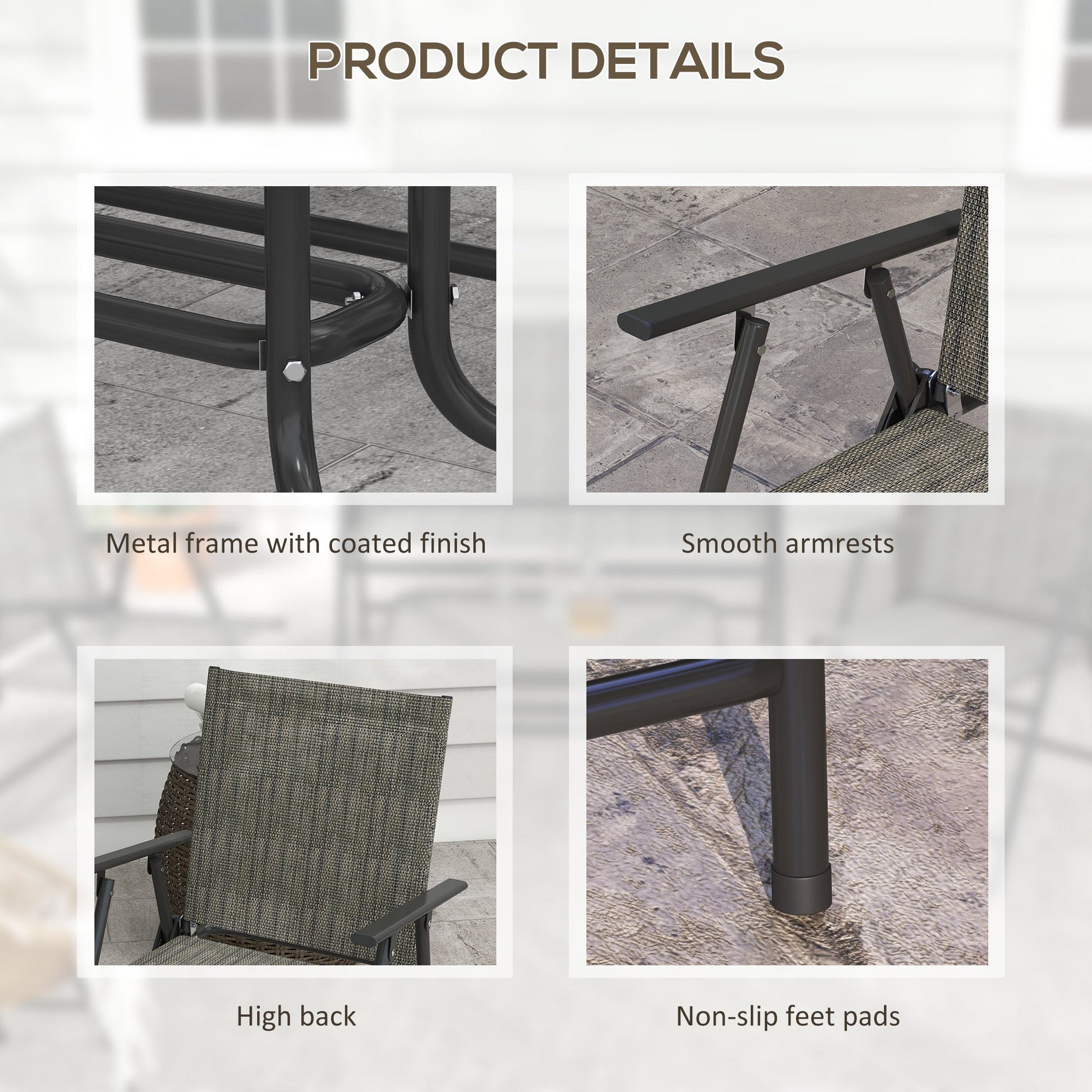 Outdoor 4 Pieces Patio Furniture Set with Breathable Mesh Fabric Seat & Backrest, Garden Set with Two Foldable Armchairs, a Loveseat & Glass Top Table, Mixed Brown
