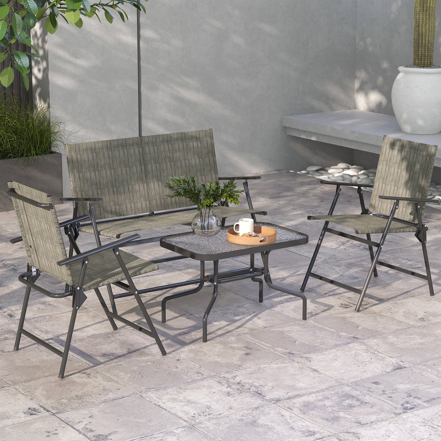 Outdoor 4 Pieces Patio Furniture Set with Breathable Mesh Fabric Seat & Backrest, Garden Set with Two Foldable Armchairs, a Loveseat & Glass Top Table, Mixed Brown