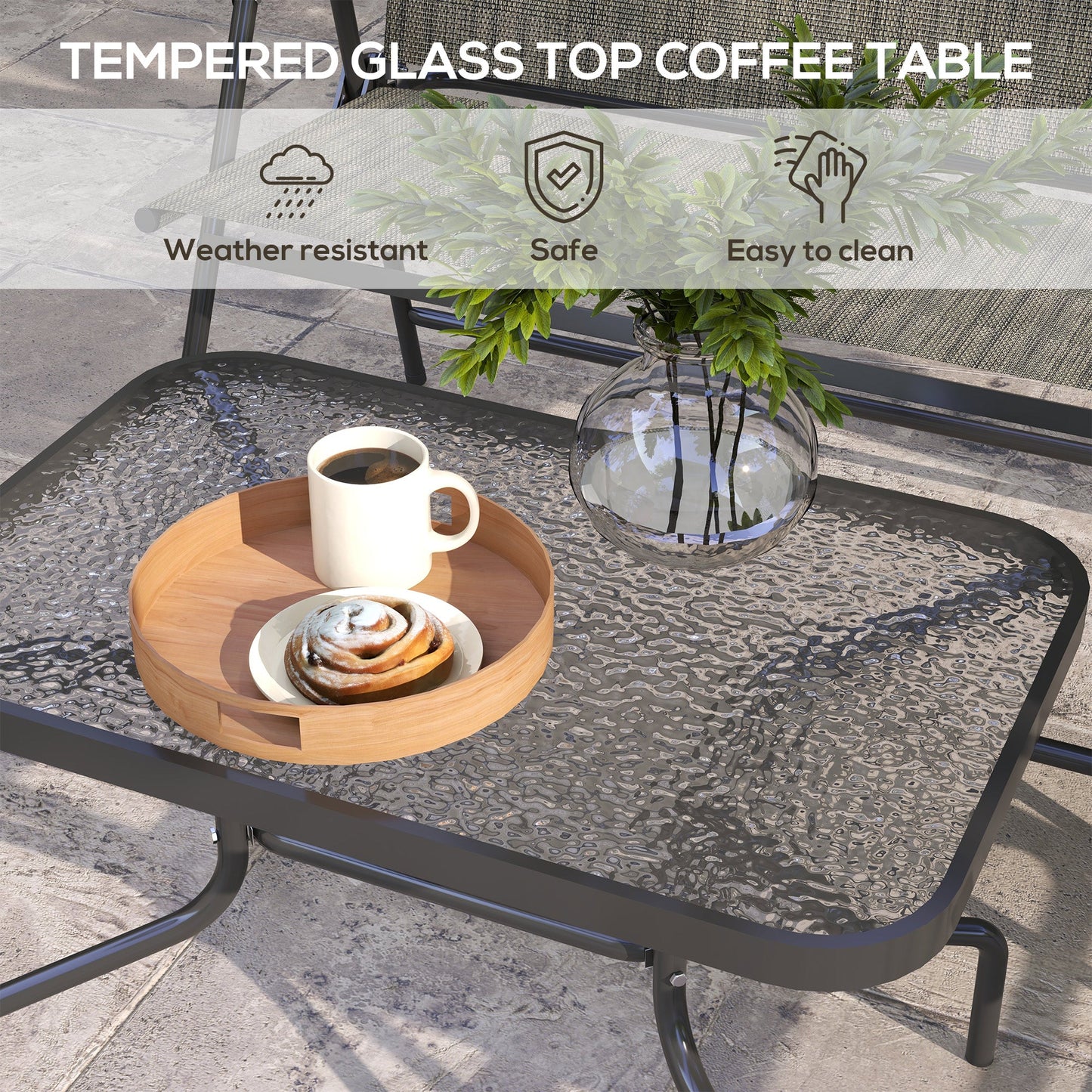 Outdoor 4 Pieces Patio Furniture Set with Breathable Mesh Fabric Seat & Backrest, Garden Set with Two Foldable Armchairs, a Loveseat & Glass Top Table, Mixed Brown