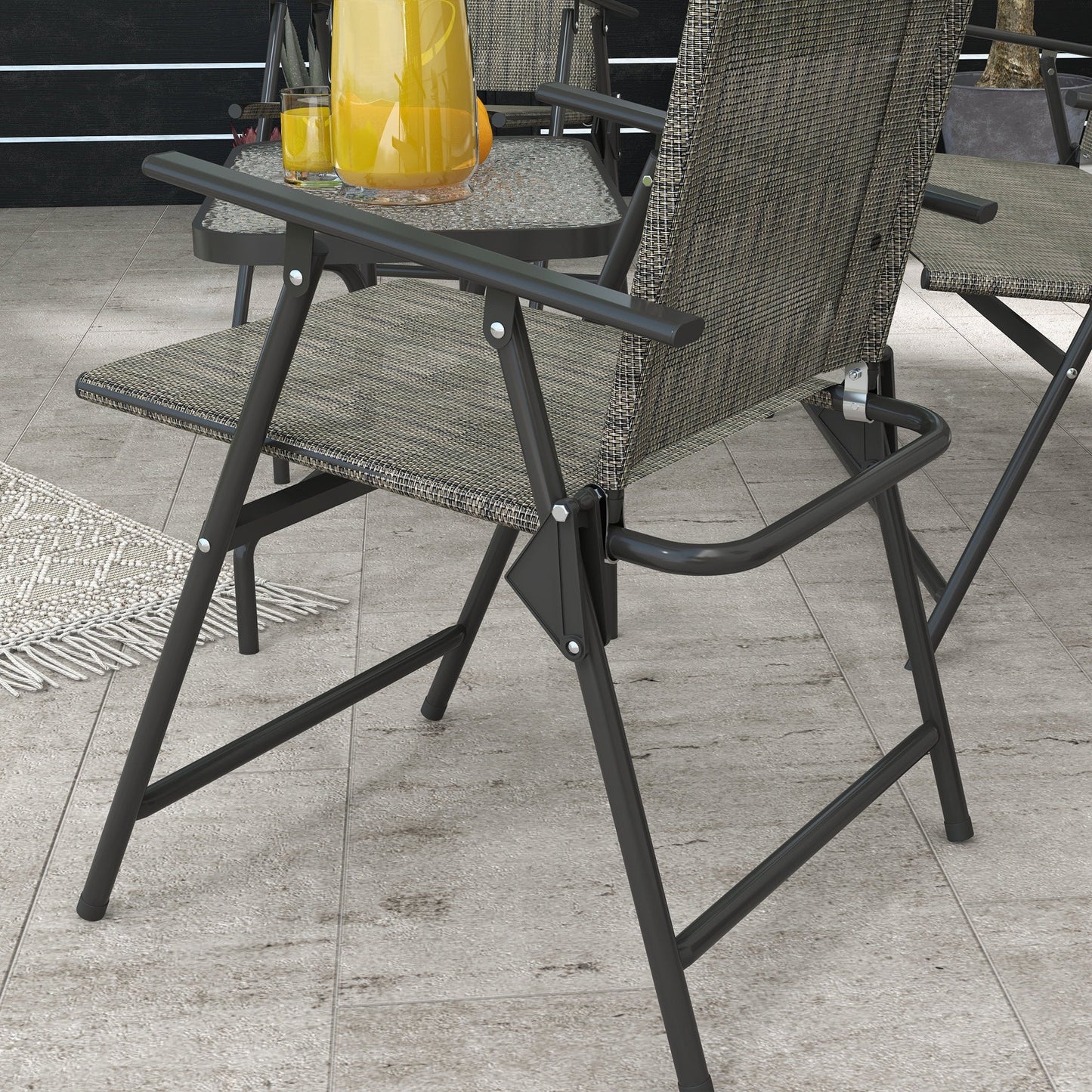 Outdoor 4 Pieces Patio Furniture Set with Breathable Mesh Fabric Seat & Backrest, Garden Set with Two Foldable Armchairs, a Loveseat & Glass Top Table, Mixed Brown