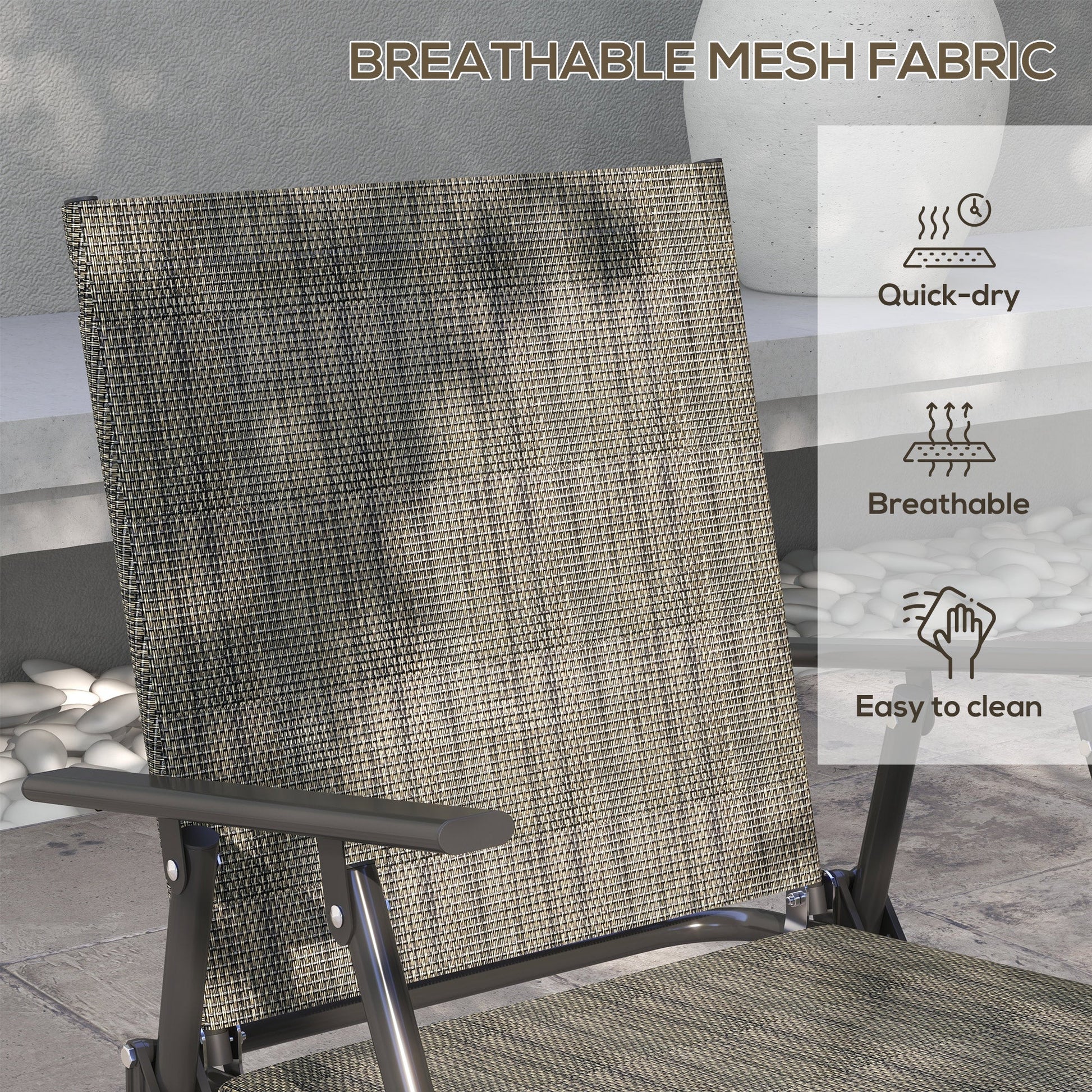 Outdoor 4 Pieces Patio Furniture Set with Breathable Mesh Fabric Seat & Backrest, Garden Set with Two Foldable Armchairs, a Loveseat & Glass Top Table, Mixed Brown