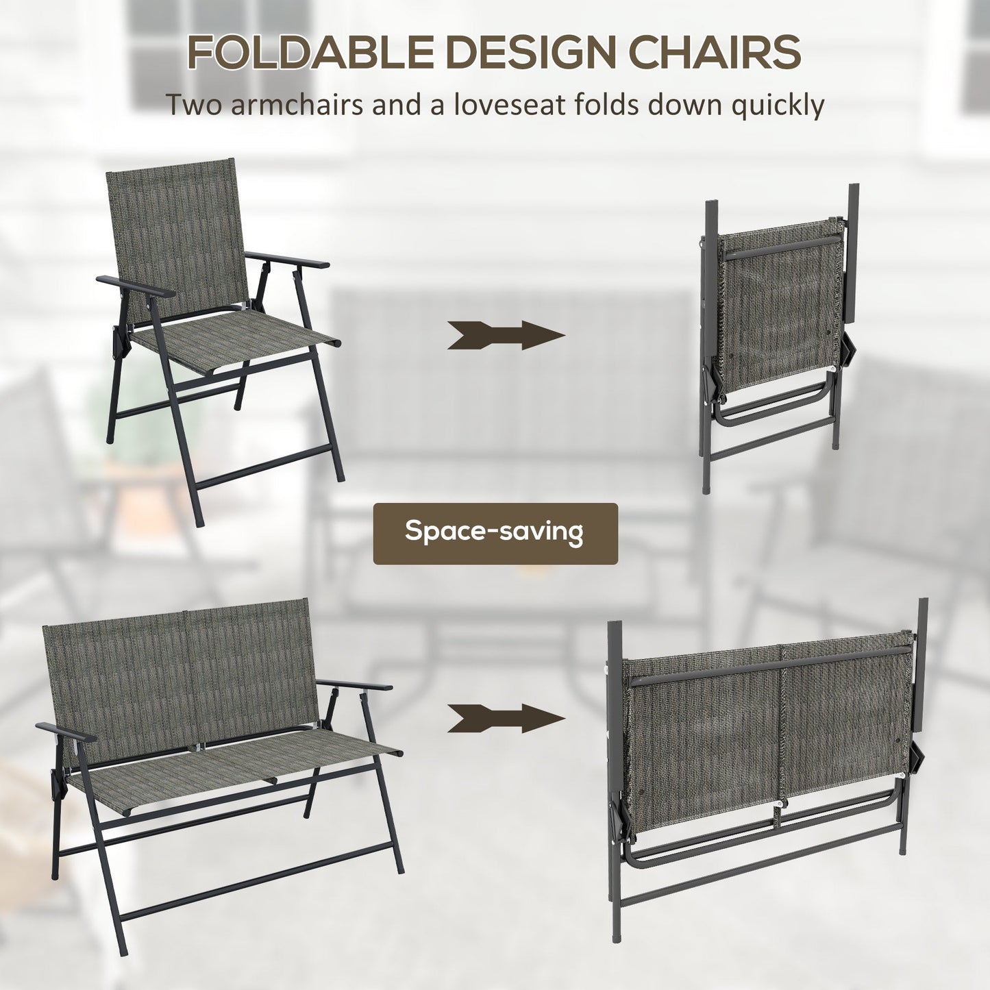 Outdoor 4 Pieces Patio Furniture Set with Breathable Mesh Fabric Seat & Backrest, Garden Set with Two Foldable Armchairs, a Loveseat & Glass Top Table, Mixed Brown