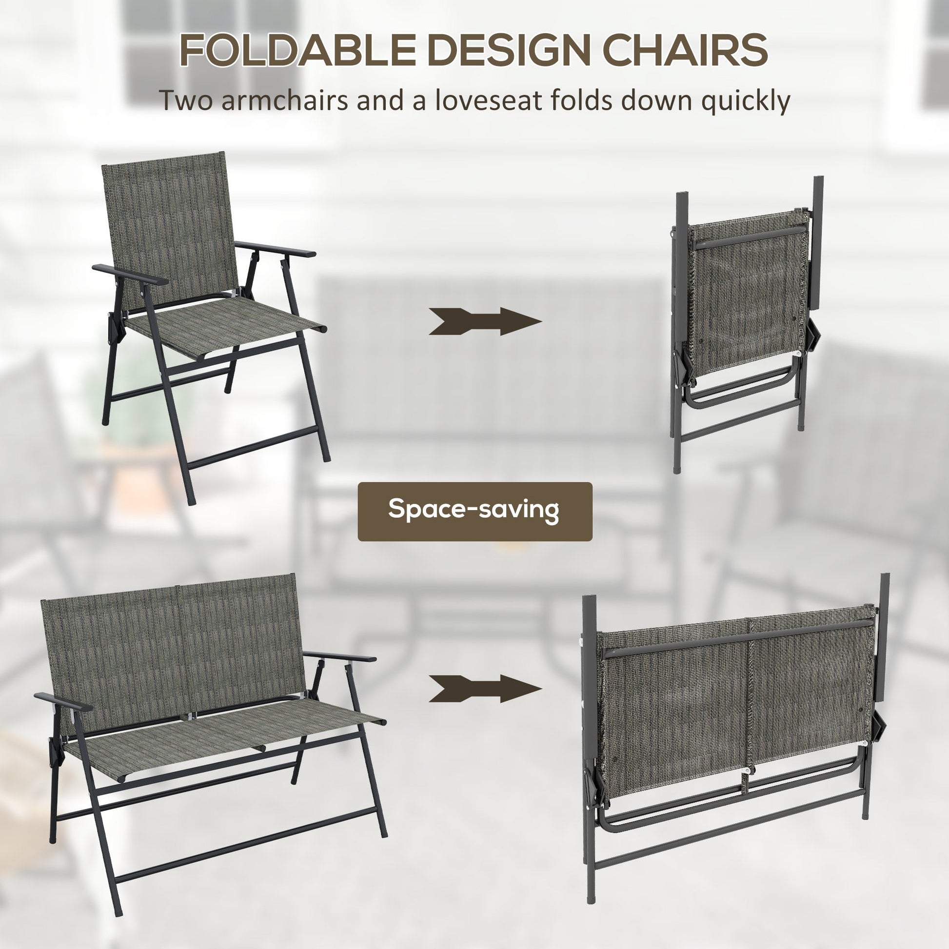Outdoor 4 Pieces Patio Furniture Set with Breathable Mesh Fabric Seat & Backrest, Garden Set with Two Foldable Armchairs, a Loveseat & Glass Top Table, Mixed Brown