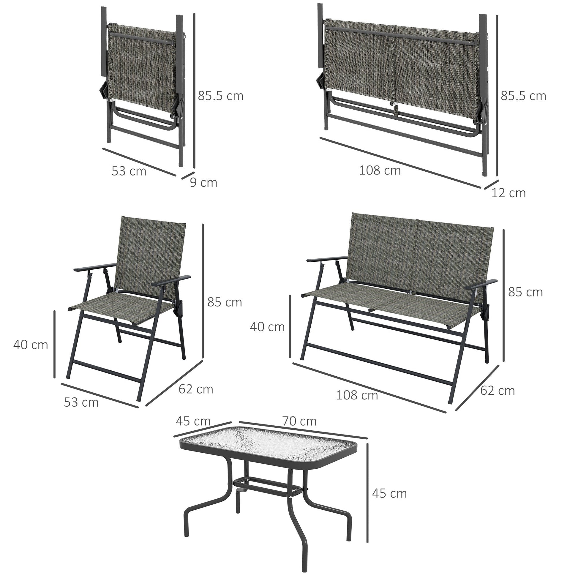 Outdoor 4 Pieces Patio Furniture Set with Breathable Mesh Fabric Seat & Backrest, Garden Set with Two Foldable Armchairs, a Loveseat & Glass Top Table, Mixed Brown