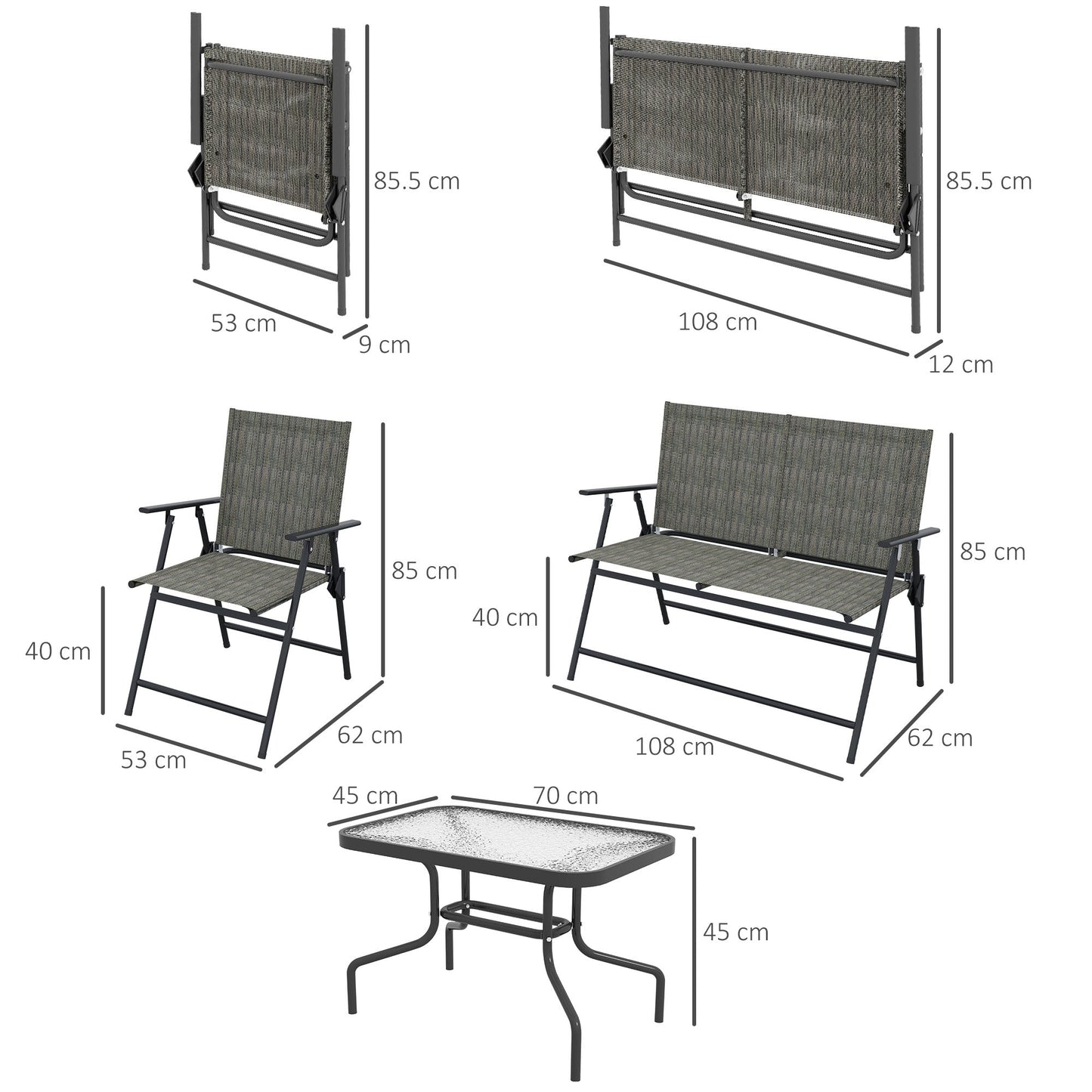 Outdoor 4 Pieces Patio Furniture Set with Breathable Mesh Fabric Seat & Backrest, Garden Set with Two Foldable Armchairs, a Loveseat & Glass Top Table, Mixed Brown