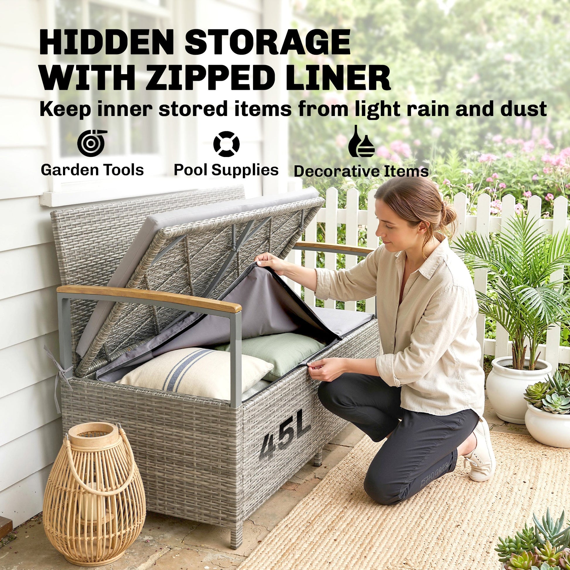 144 L Garden Storage Bench with Zipped Liner, 2 Seater PE Rattan Garden Bench with Storage, Gas Strut, Acacia Wood Top Armrests, Cushion, Patio Outdoor Benches Chest Container, Light Grey