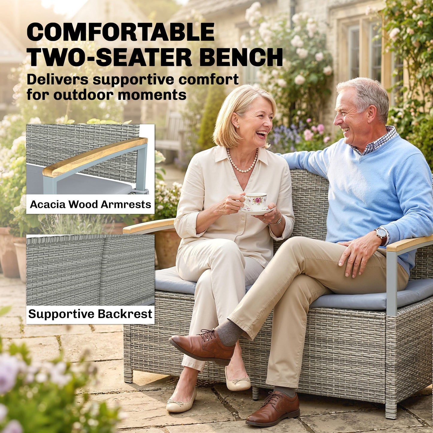 144 L Garden Storage Bench with Zipped Liner, 2 Seater PE Rattan Garden Bench with Storage, Gas Strut, Acacia Wood Top Armrests, Cushion, Patio Outdoor Benches Chest Container, Light Grey