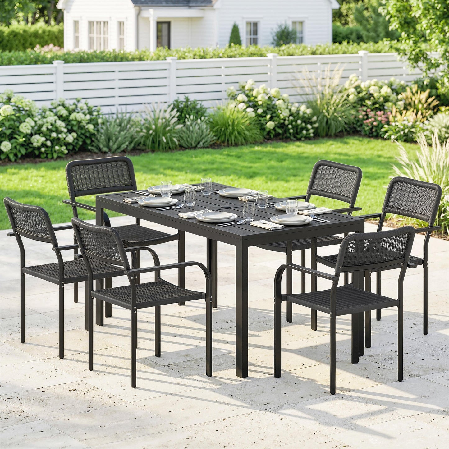 7 Pieces Garden Dining Set, Garden Table and Chairs Set 6 with Faux Rattan Stackable Chairs, Wood Effect Metal Top Table, Umbrella Hole, Outdoor Furniture for Patio Porch Terrace, Black