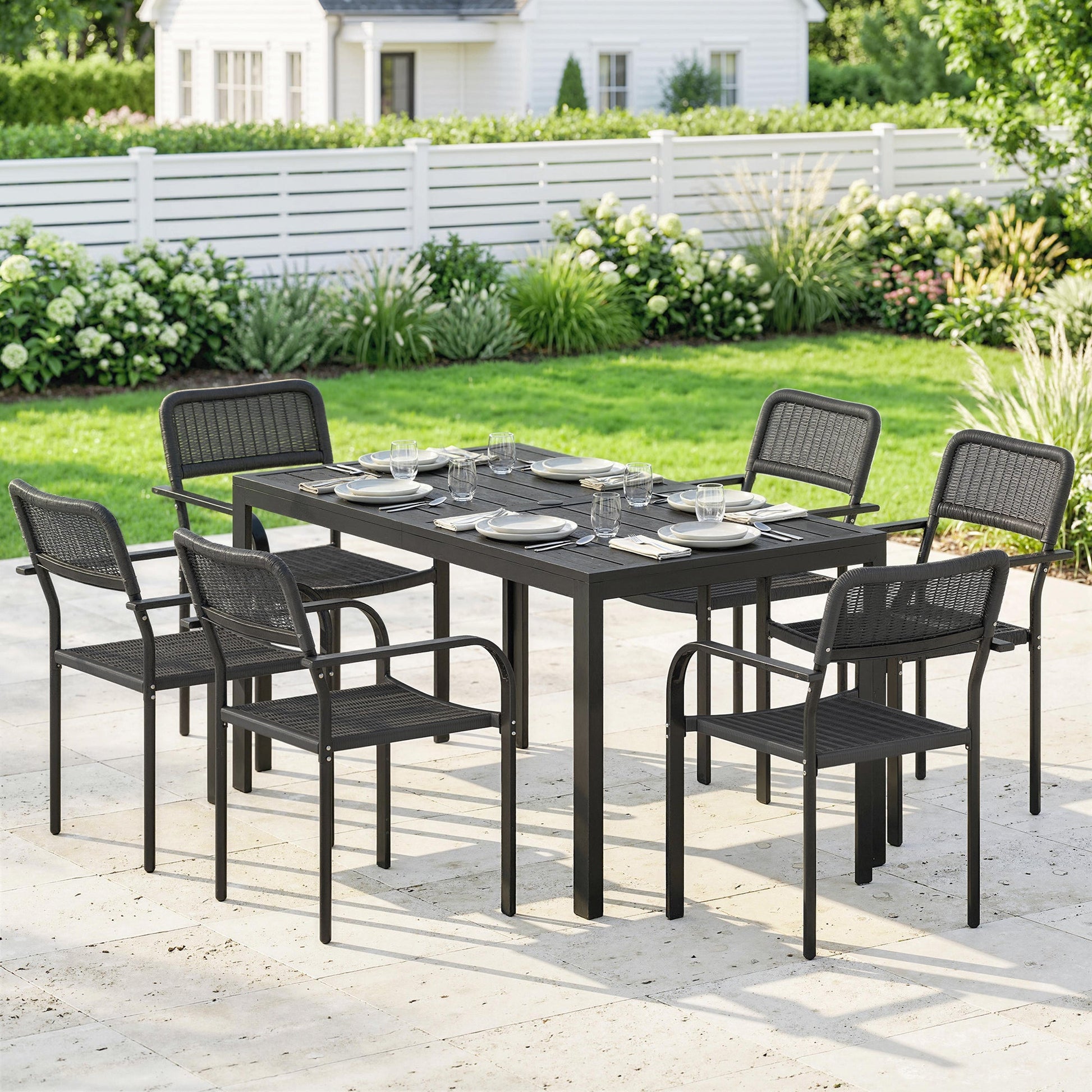 7 Pieces Garden Dining Set, Garden Table and Chairs Set 6 with Faux Rattan Stackable Chairs, Wood Effect Metal Top Table, Umbrella Hole, Outdoor Furniture for Patio Porch Terrace, Black