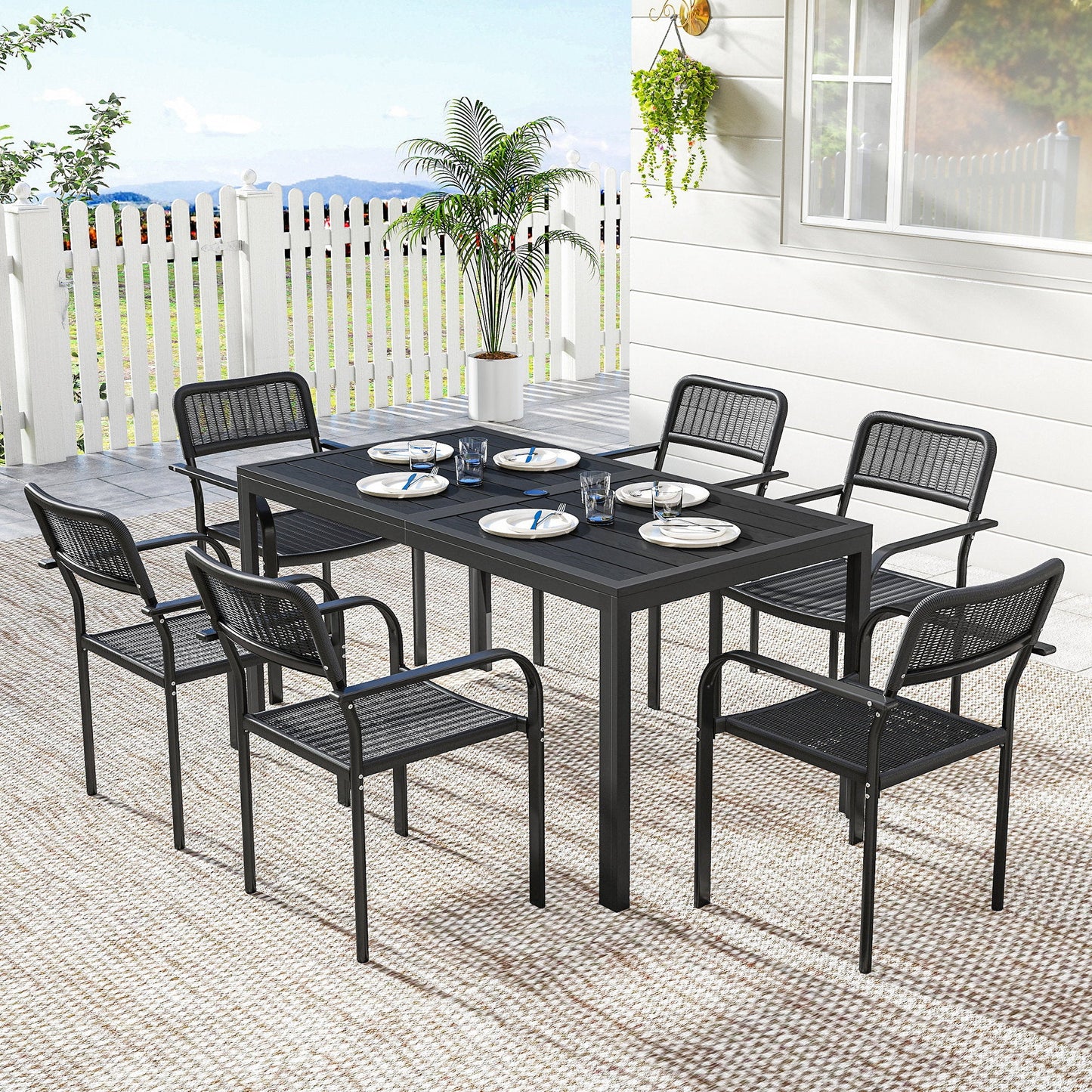 7 Pieces Garden Dining Set, Garden Table and Chairs Set 6 with Faux Rattan Stackable Chairs, Wood Effect Metal Top Table, Umbrella Hole, Outdoor Furniture for Patio Porch Terrace, Black