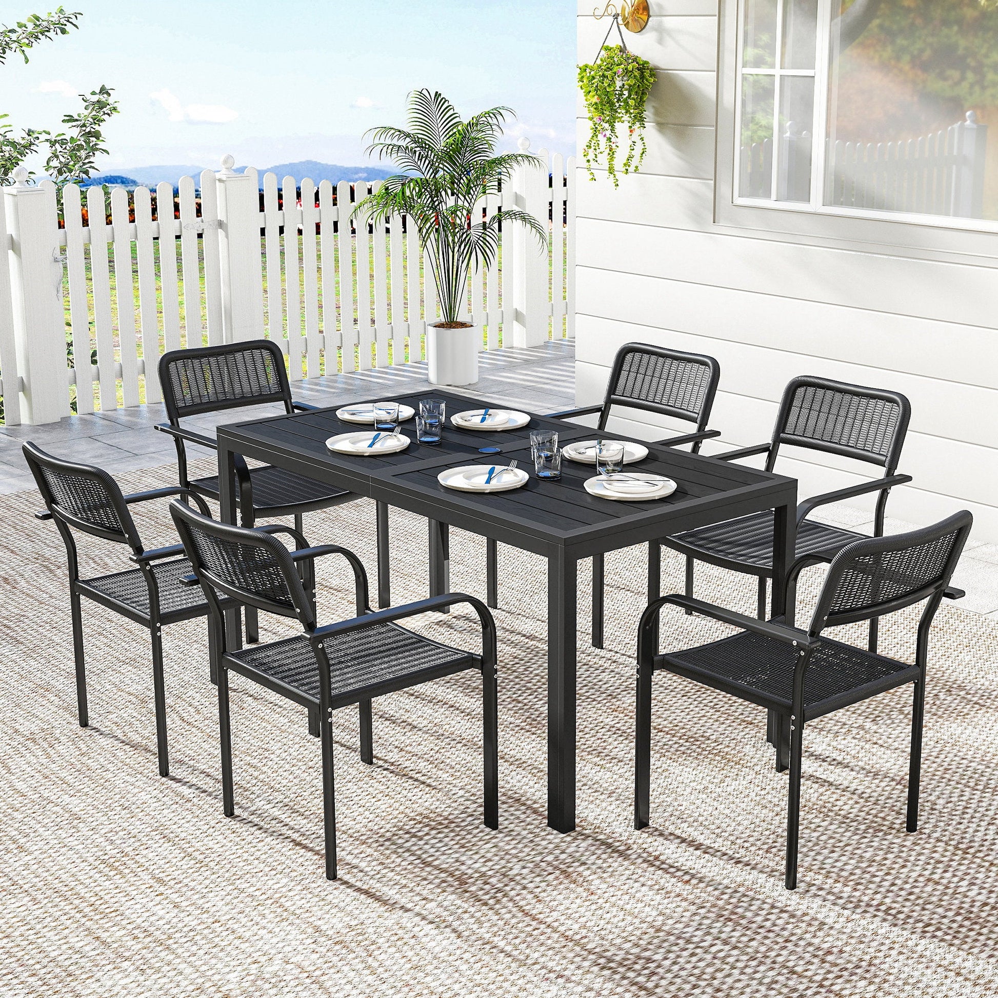 7 Pieces Garden Dining Set, Garden Table and Chairs Set 6 with Faux Rattan Stackable Chairs, Wood Effect Metal Top Table, Umbrella Hole, Outdoor Furniture for Patio Porch Terrace, Black