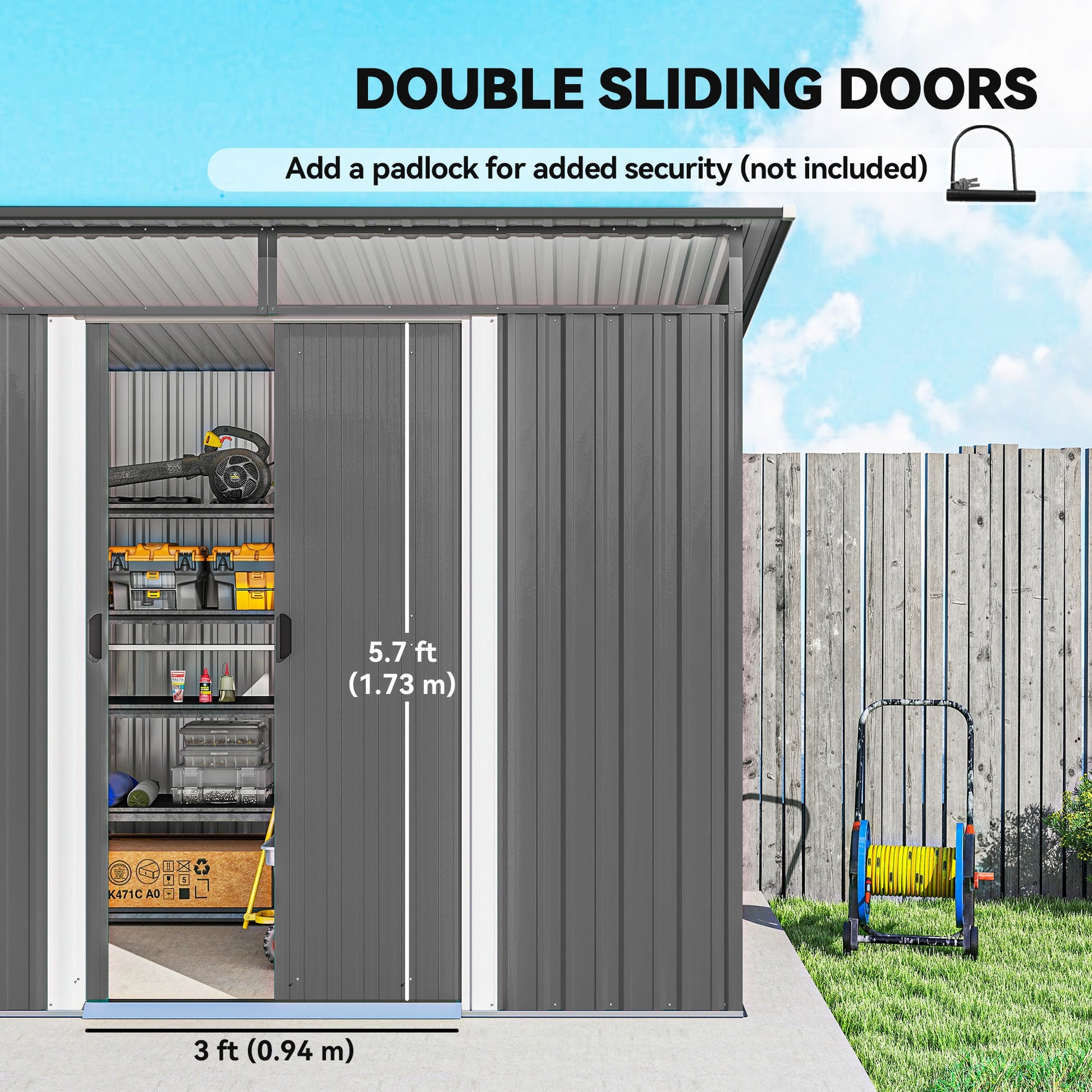 9ft x 6.5ft Metal Shed with Lightsky Panels, Garden Storage Tool House with Double Doors for Garden, Patio and Lawn, Light Grey