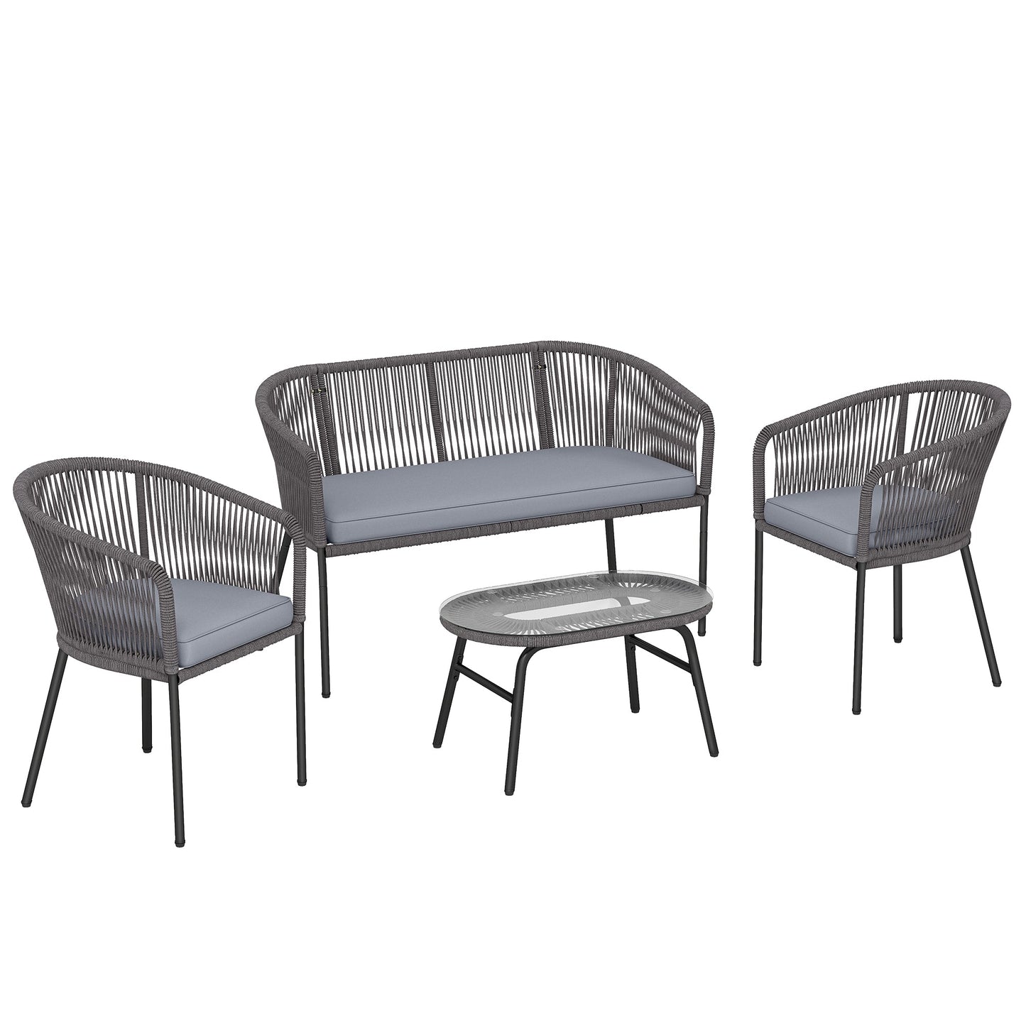 4 Piece Garden Furniture Set, Rope Woven Garden Sofa Set with 1 Loveseat, 2 Armchairs, Tempered Glass Coffee Table, Outdoor Conversation Furniture with Cushions for Patio, Dark Grey