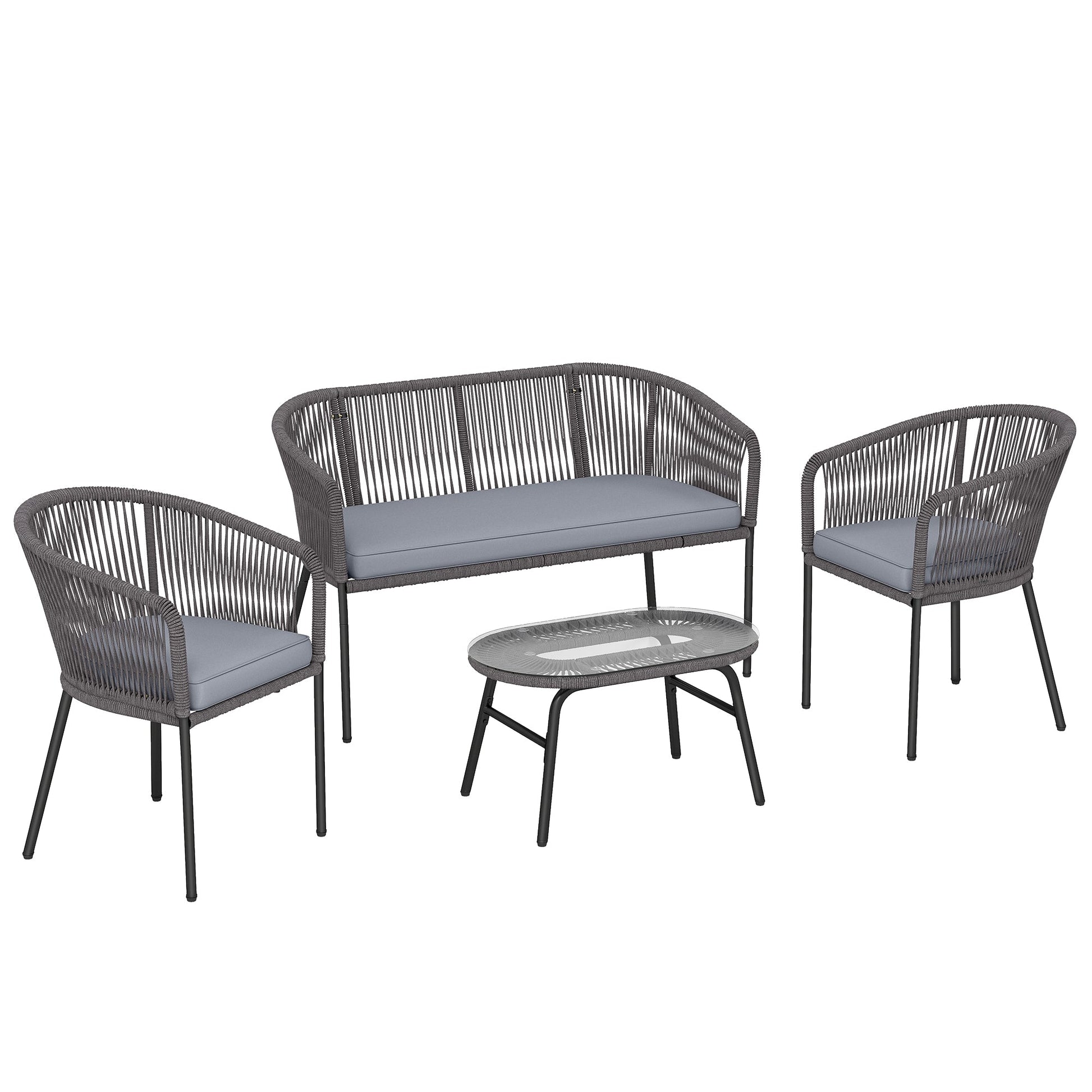 4 Piece Garden Furniture Set, Rope Woven Garden Sofa Set with 1 Loveseat, 2 Armchairs, Tempered Glass Coffee Table, Outdoor Conversation Furniture with Cushions for Patio, Dark Grey