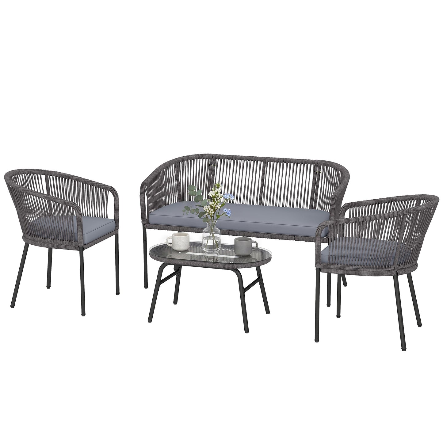 4 Piece Garden Furniture Set, Rope Woven Garden Sofa Set with 1 Loveseat, 2 Armchairs, Tempered Glass Coffee Table, Outdoor Conversation Furniture with Cushions for Patio, Dark Grey
