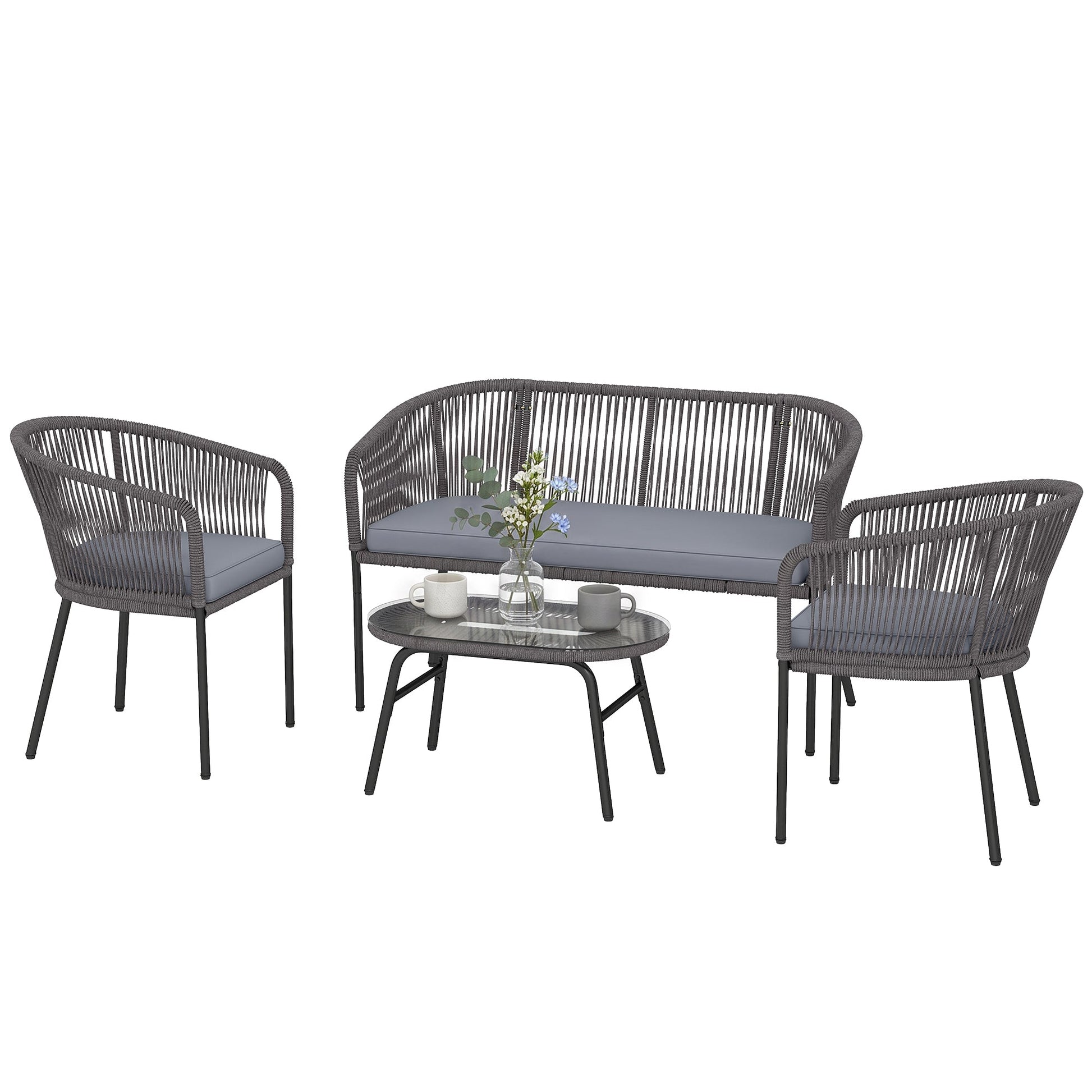 4 Piece Garden Furniture Set, Rope Woven Garden Sofa Set with 1 Loveseat, 2 Armchairs, Tempered Glass Coffee Table, Outdoor Conversation Furniture with Cushions for Patio, Dark Grey