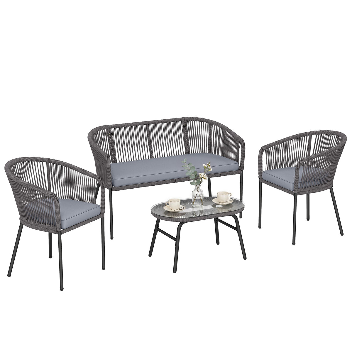 4 Piece Garden Furniture Set, Rope Woven Garden Sofa Set with 1 Loveseat, 2 Armchairs, Tempered Glass Coffee Table, Outdoor Conversation Furniture with Cushions for Patio, Dark Grey