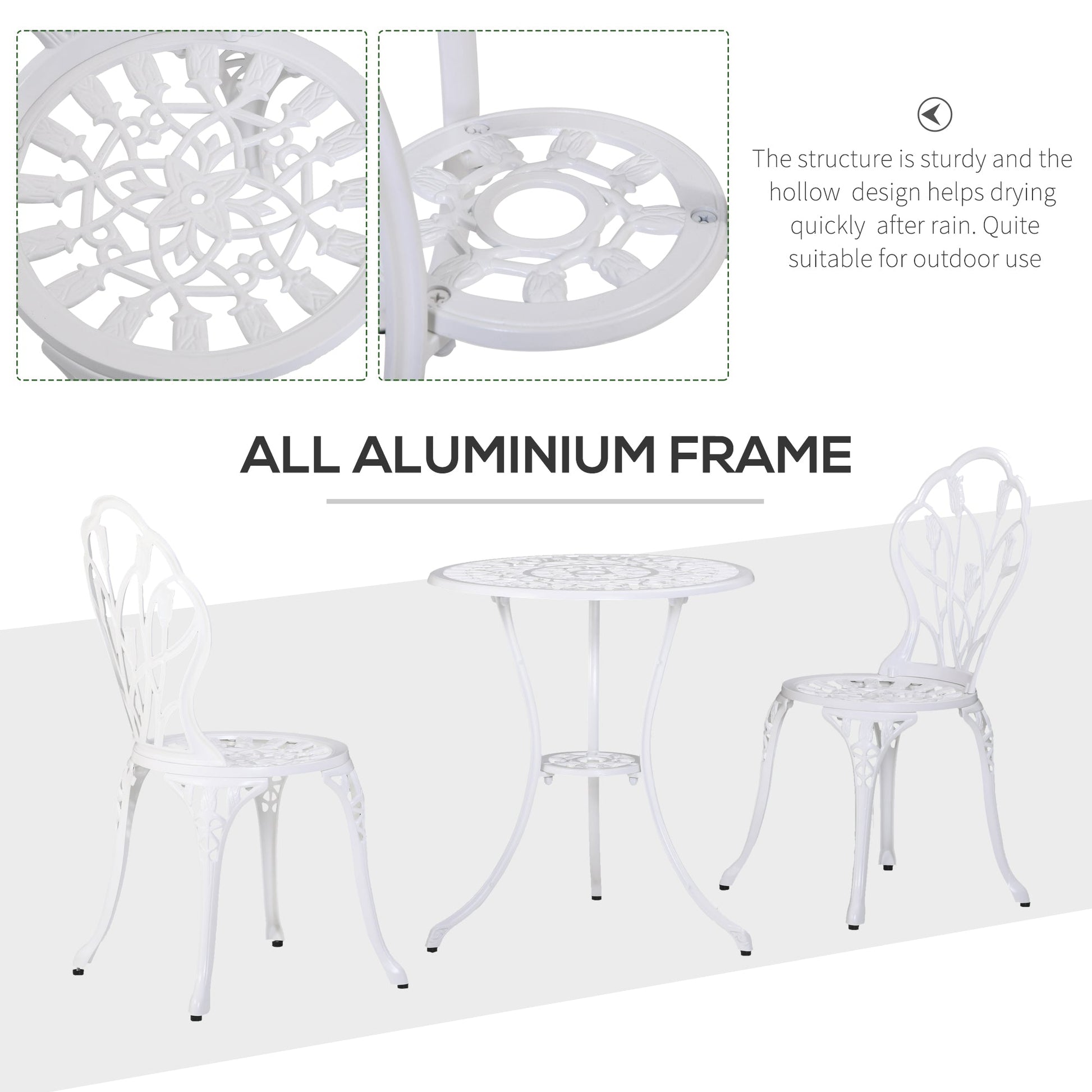 3 Piece Patio Bistro Set for 2, Outdoor Aluminium Garden Table and Chairs with Umbrella Hole for Balcony, White