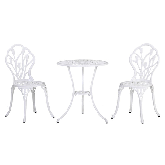 3 Piece Patio Bistro Set for 2, Outdoor Aluminium Garden Table and Chairs with Umbrella Hole for Balcony, White