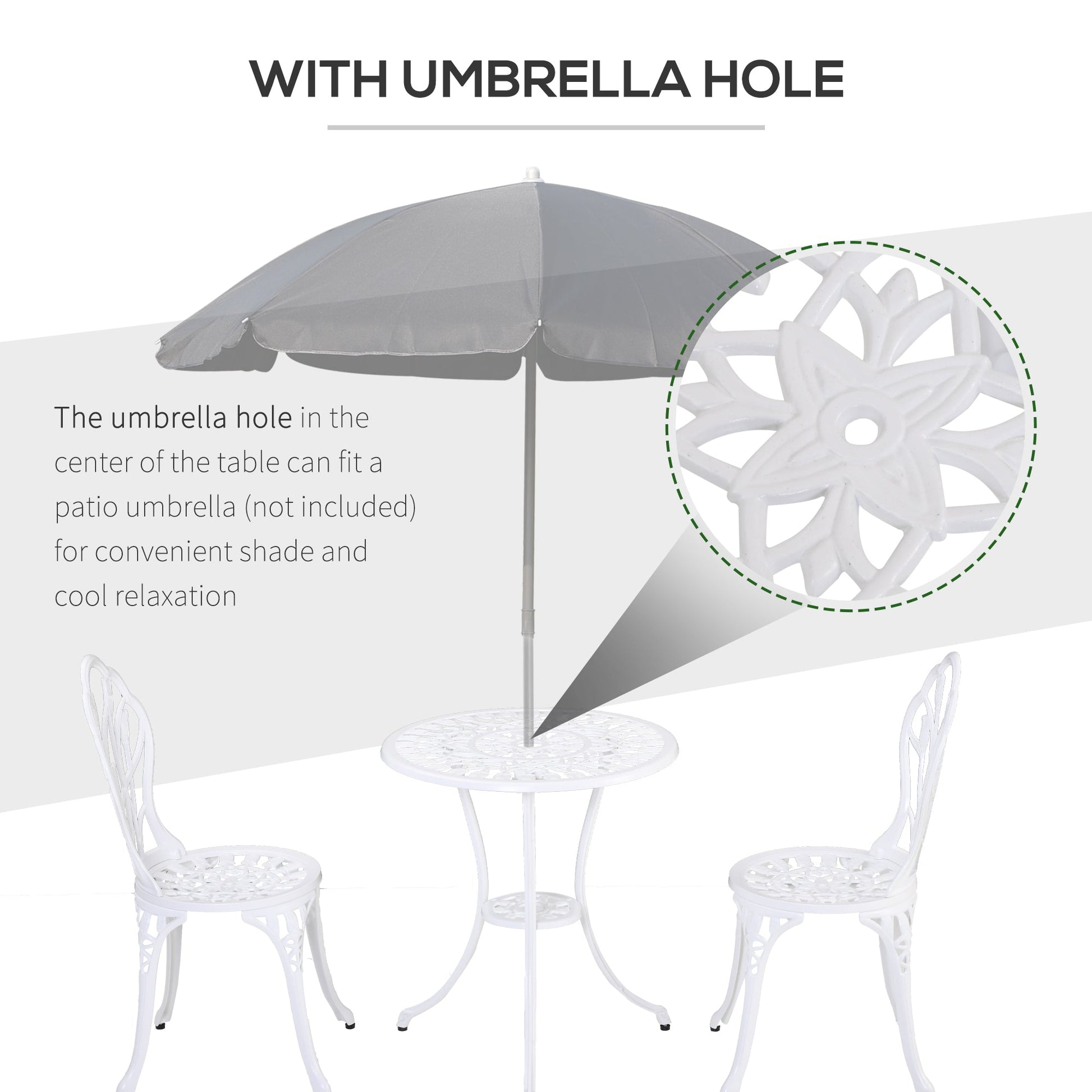 3 Piece Patio Bistro Set for 2, Outdoor Aluminium Garden Table and Chairs with Umbrella Hole for Balcony, White