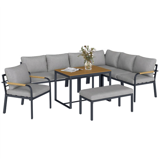 7 Seater Garden Furniture Set with 2 Loveseats, Armchair, 2 Armless Chairs, Footstool, Faux Wood Table, Metal Garden Sofa Set with Cushions, Outdoor Furniture Conversation Sets, Light Grey