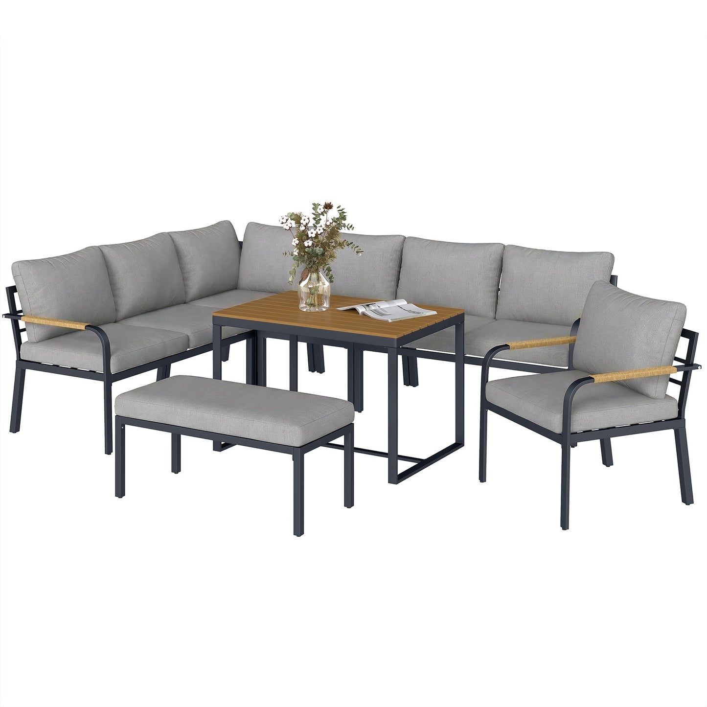 7 Seater Garden Furniture Set with 2 Loveseats, Armchair, 2 Armless Chairs, Footstool, Faux Wood Table, Metal Garden Sofa Set with Cushions, Outdoor Furniture Conversation Sets, Light Grey