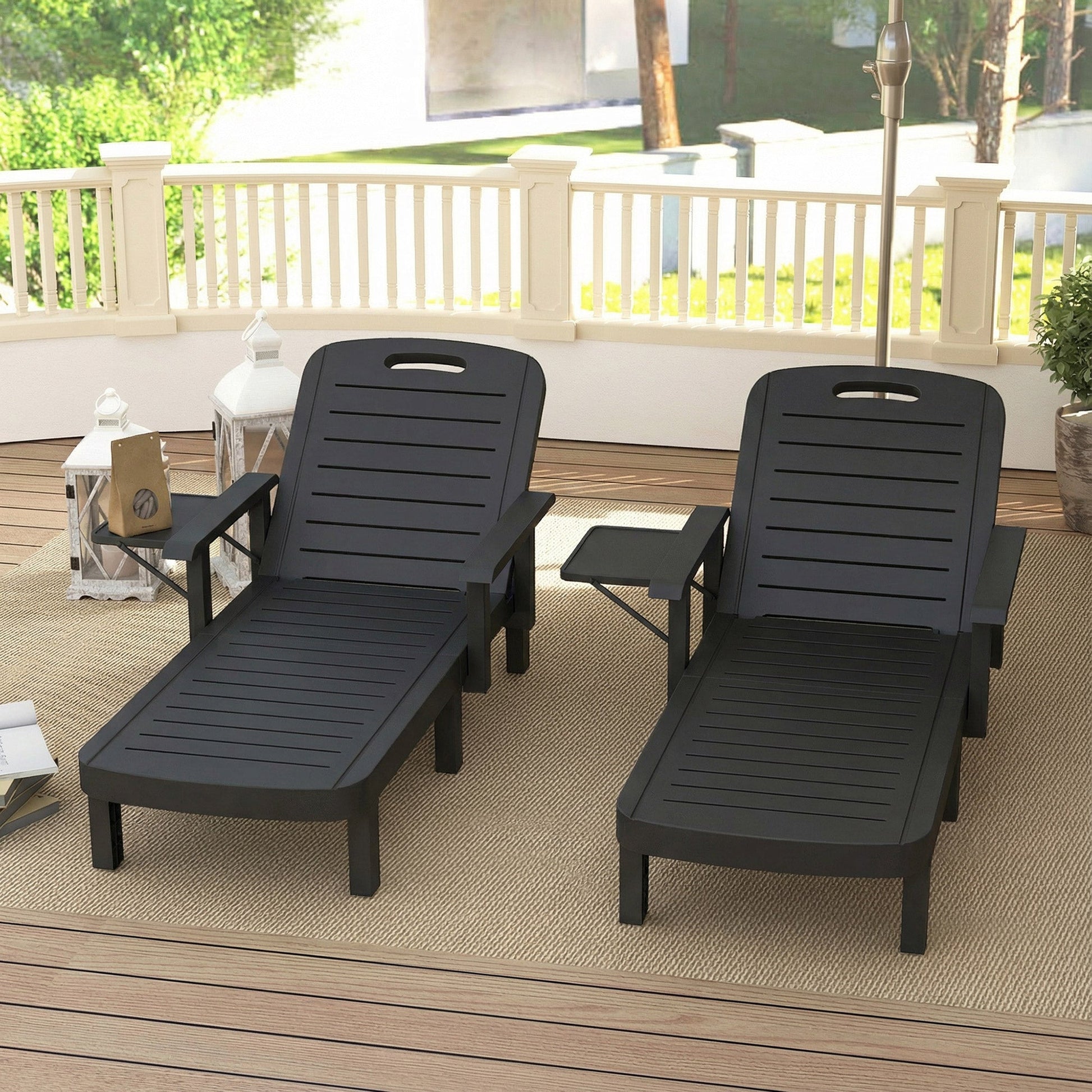 Set of 2 Resin Reclining Sun Loungers for Garden, 5 Positions Adjustable Outdoor Chaise Lounge Chair with Wood Texture Surface, Armrests, Foldable Side Table for Garden, Beach, Black