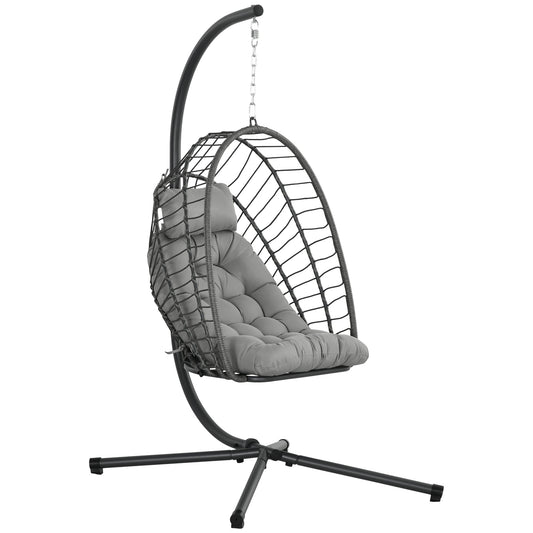 Outdoor PE Rattan Swing Chair with Cushion, Garden Foldable Basket Patio Hanging Egg Chair with Metal Stand, Headrest, for Indoor and Outdoor, Light Grey