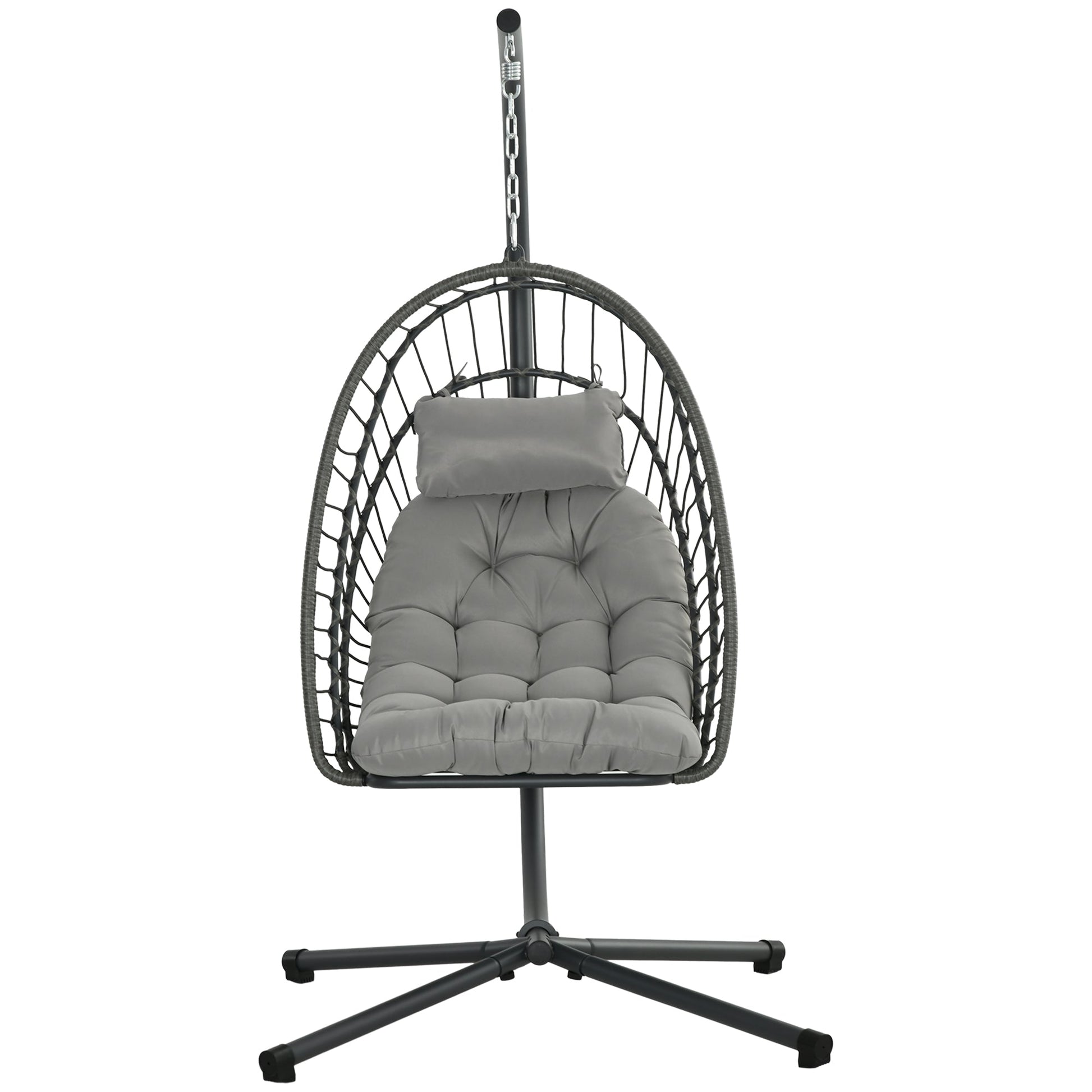 Outdoor PE Rattan Swing Chair with Cushion, Garden Foldable Basket Patio Hanging Egg Chair with Metal Stand, Headrest, for Indoor and Outdoor, Light Grey