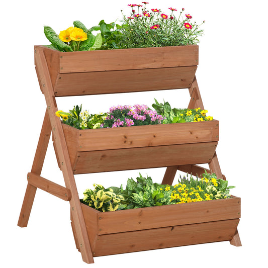 3 Tier 66L Raised Garden Bed Wooden Elevated Planter Box Kit for Flower, Vegetable, Herb, 65 x 75 x 76cm, Brown