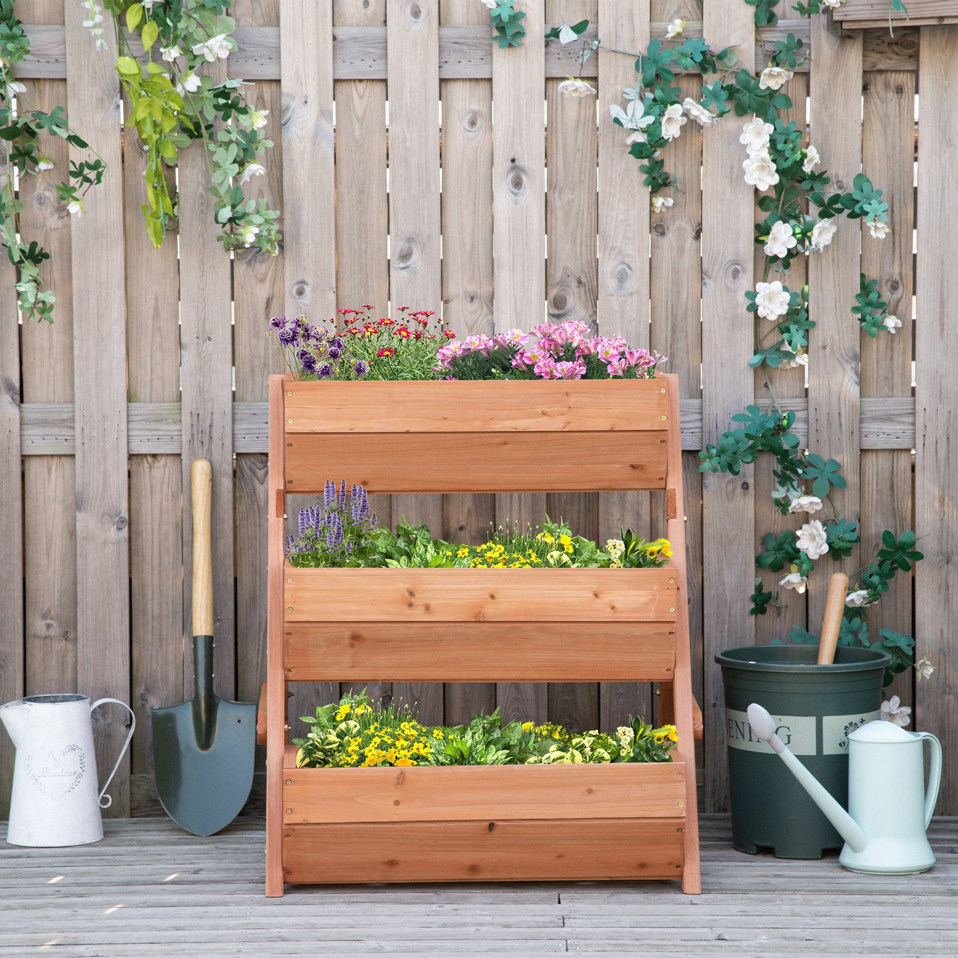 3 Tier 66L Raised Garden Bed Wooden Elevated Planter Box Kit for Flower, Vegetable, Herb, 65 x 75 x 76cm, Brown