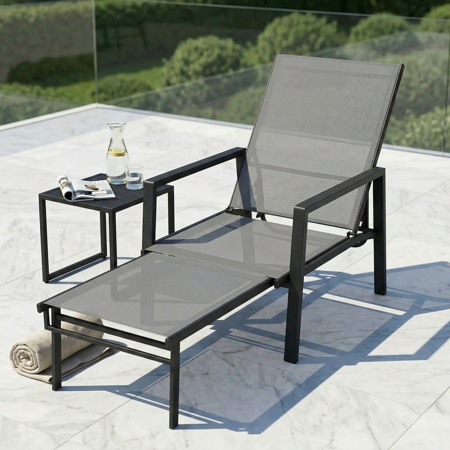Sun Lounger with Retracable Footrest, 5-Position Adjustable Reclining Garden Lounger, Garden Chaise Lounge Sunbed Recliner Chair with Steel Frame for Beach, Porch, Patio, Camping, Dark Grey