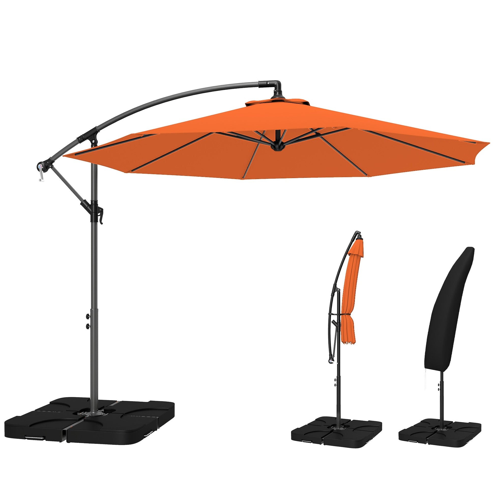 3 m Cantilever Parasol with Umbrella Weights, Cross Base, Offset Outdoor Umbrella with Protective Cover, Crank Handle, Hanging Sun Shade, Orange