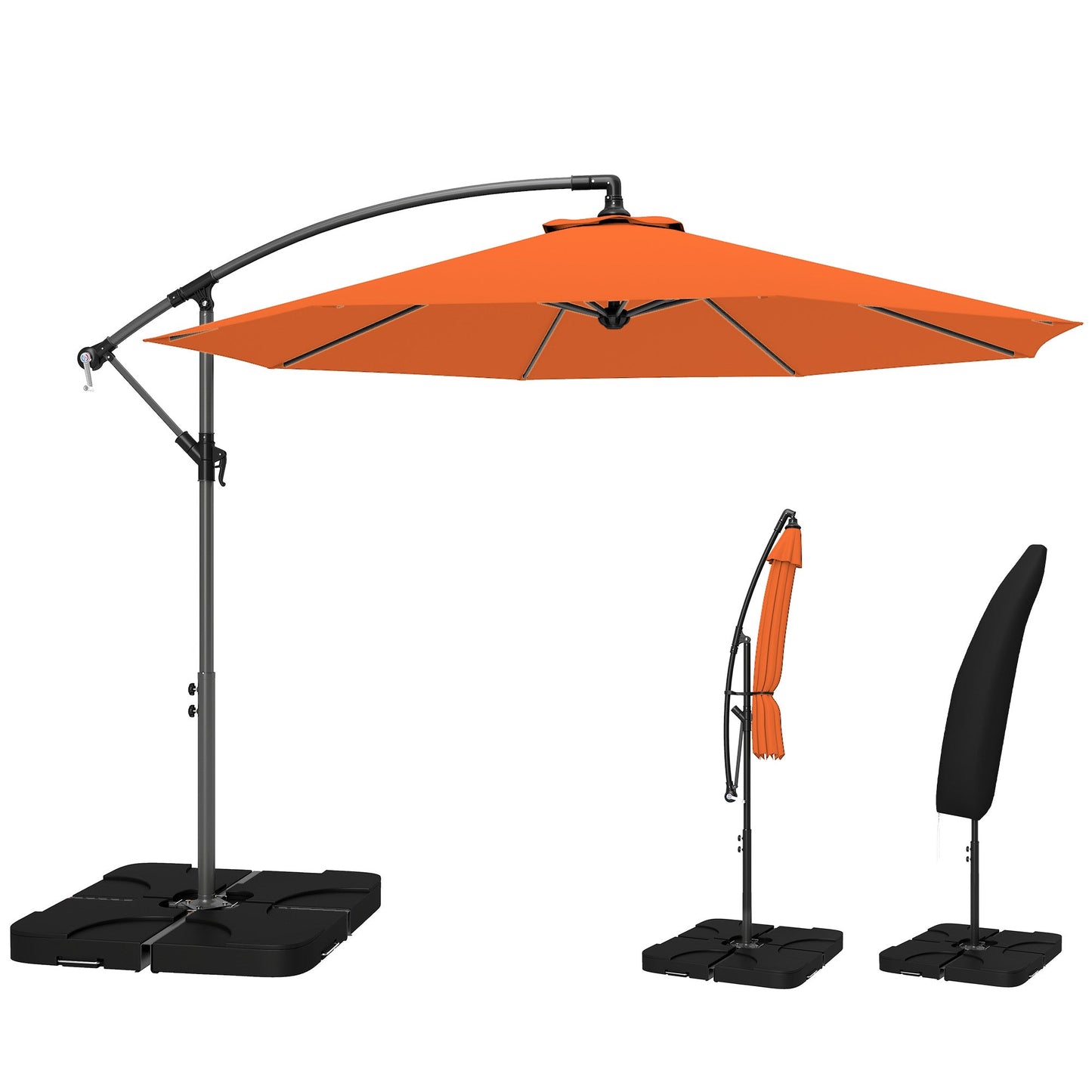 3 m Cantilever Parasol with Umbrella Weights, Cross Base, Offset Outdoor Umbrella with Protective Cover, Crank Handle, Hanging Sun Shade, Orange