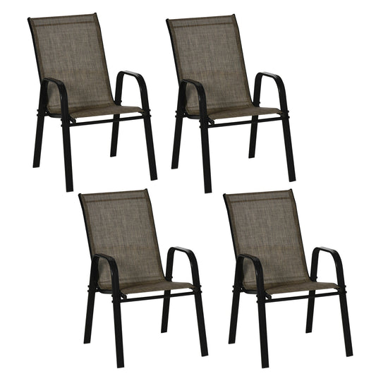 4 Pieces Garden Chairs, Stackable Outdoor Chairs with High Backrest and Armrest, Breathable Mesh Fabric Dining Chair Set of 4, Mixed Brown